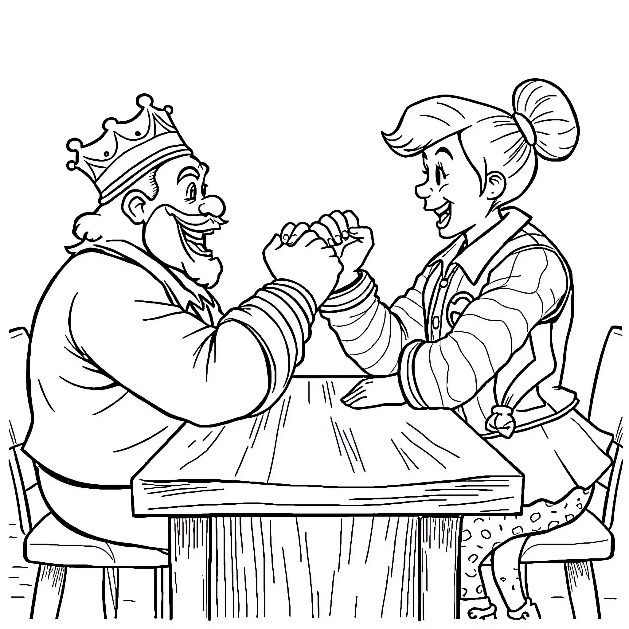 Burger King employees engage in playful arm wrestling Coloring Page (free black-and-white line drawing printable PDF for all, from beginners to advanced learners, including children, teens, adults, and seniors)