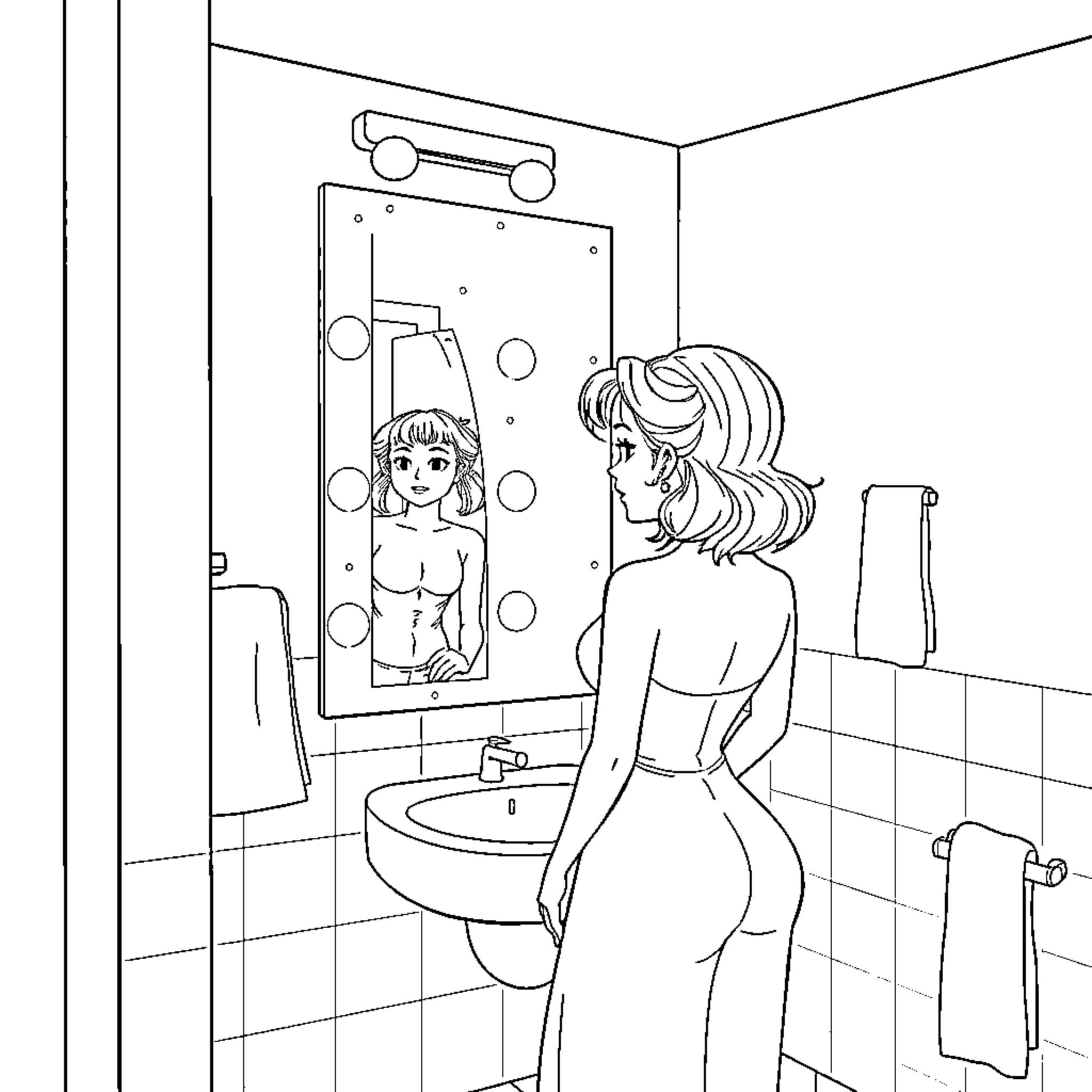 Mira Huntrix Admiring Herself in the Mirror Coloring Page (free black-and-white line drawing printable PDF for all, from beginners to advanced learners, including children, teens, adults, and seniors)