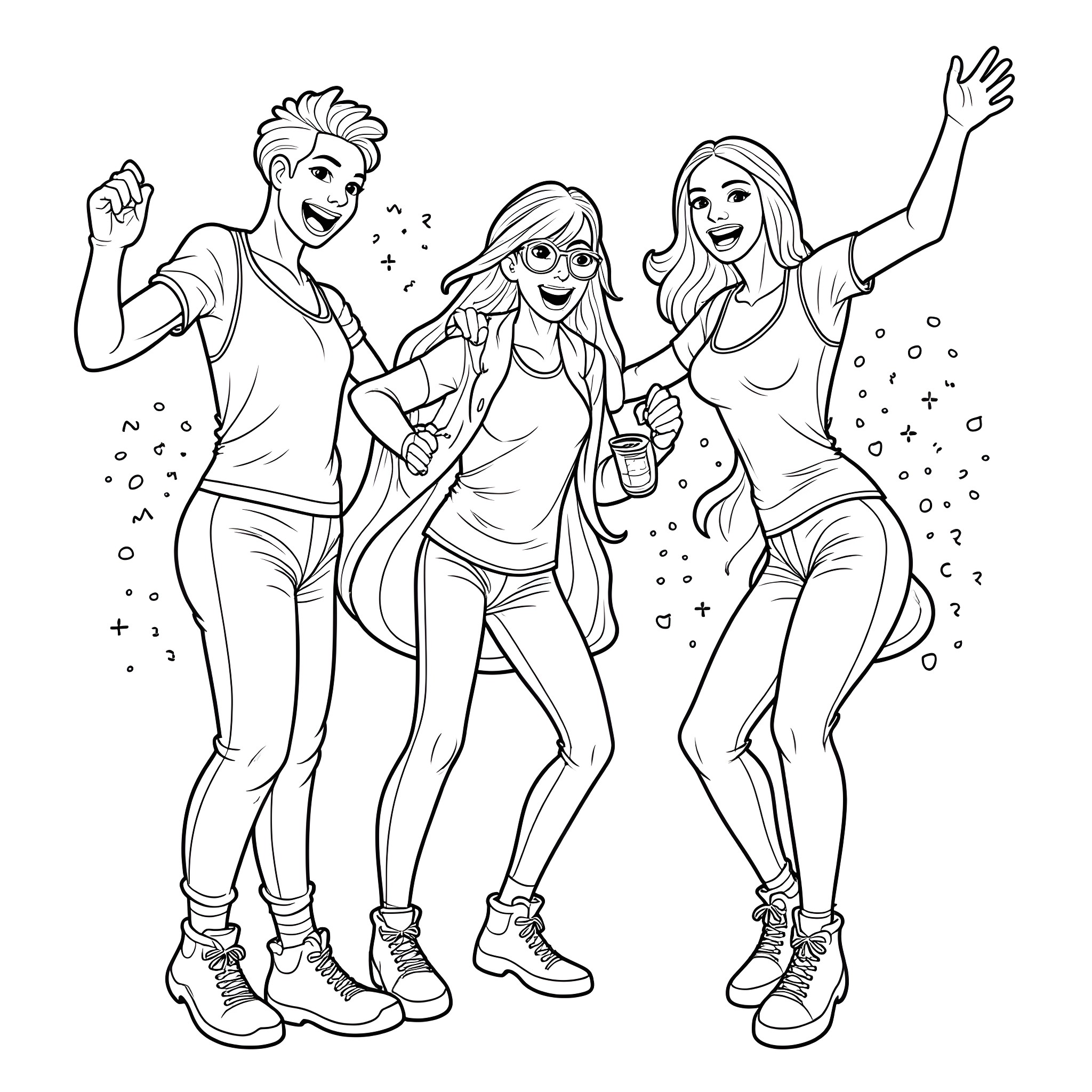Bluey friends having a fun dance party Coloring Page (free black-and-white line drawing printable PDF for all, from beginners to advanced learners, including children, teens, adults, and seniors)
