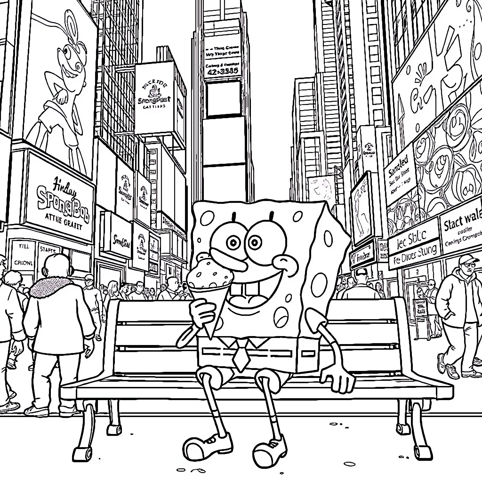 Spongebob in Times Square with Quirky Expressions Coloring Page (free black-and-white line drawing printable PDF for all, from beginners to advanced learners, including children, teens, adults, and seniors)