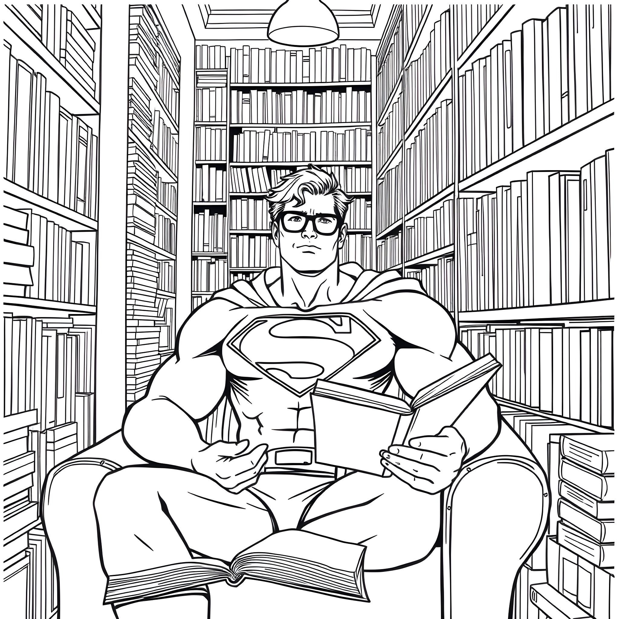 Superman reading books in a library Coloring Page (free black-and-white line drawing printable PDF for all, from beginners to advanced learners, including children, teens, adults, and seniors)
