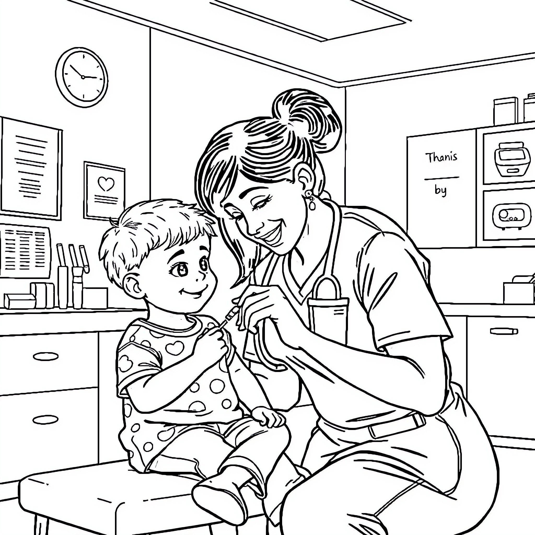 Nurse comforting and caring for a child Coloring Page (free black-and-white line drawing printable PDF for all, from beginners to advanced learners, including children, teens, adults, and seniors)