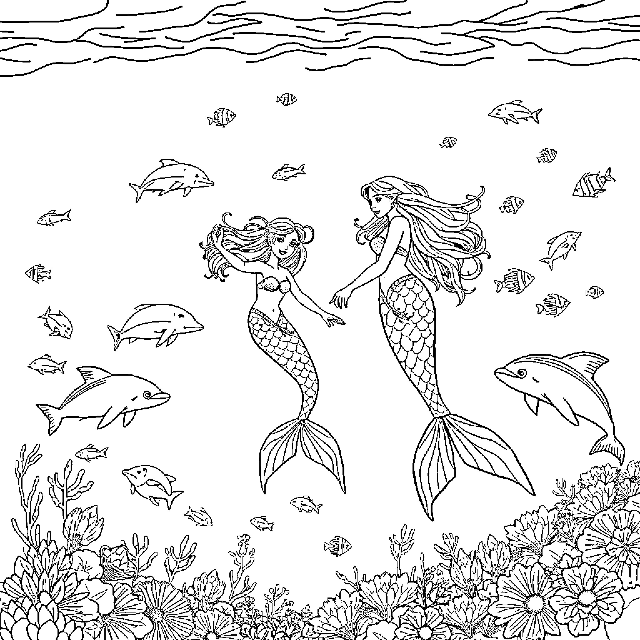 Mermaid swimming gracefully among sea creatures Coloring Page (free black-and-white line drawing printable PDF for all, from beginners to advanced learners, including children, teens, adults, and seniors)