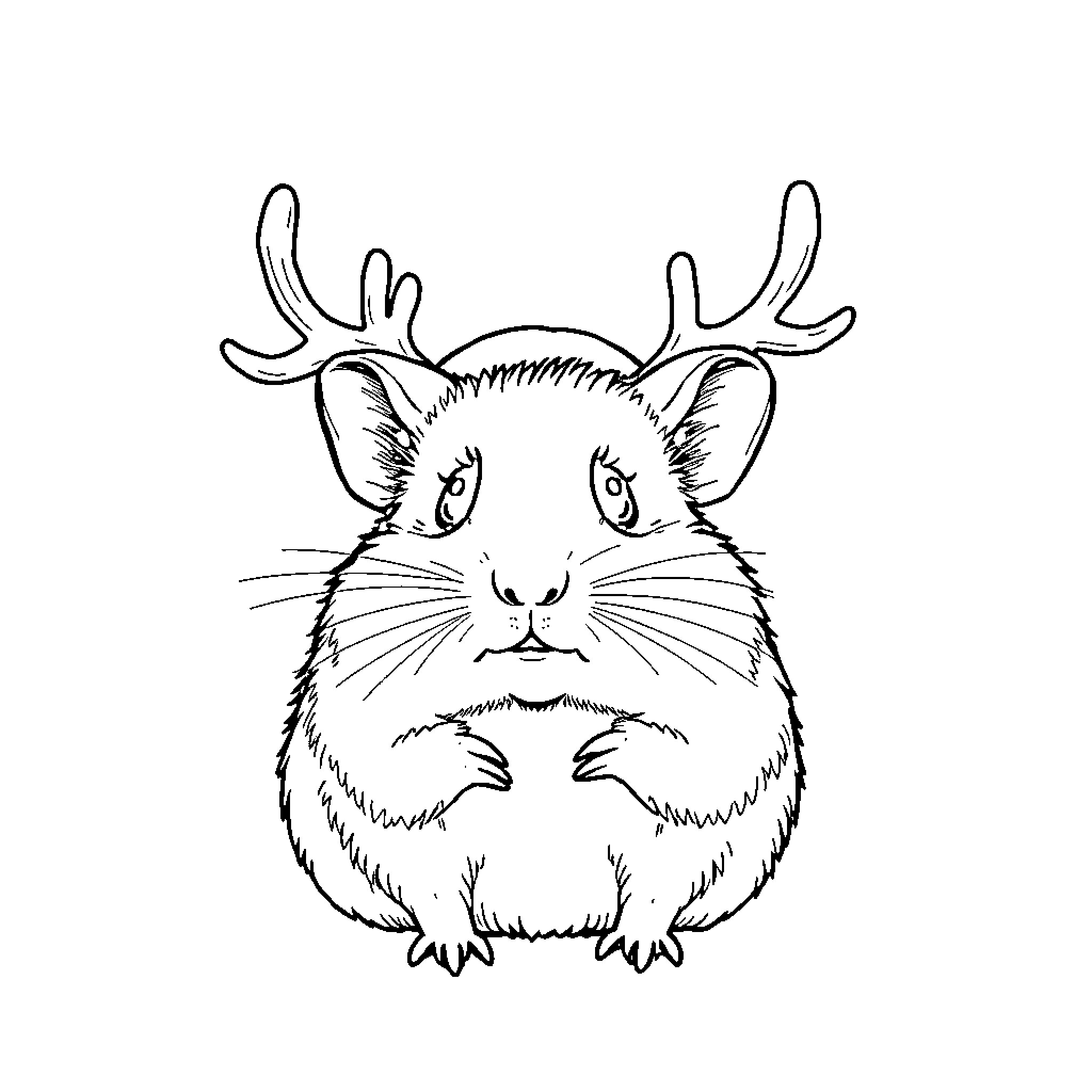 Hamster with antlers wearing a happy expression Coloring Page (free black-and-white line drawing printable PDF for all, from beginners to advanced learners, including children, teens, adults, and seniors)