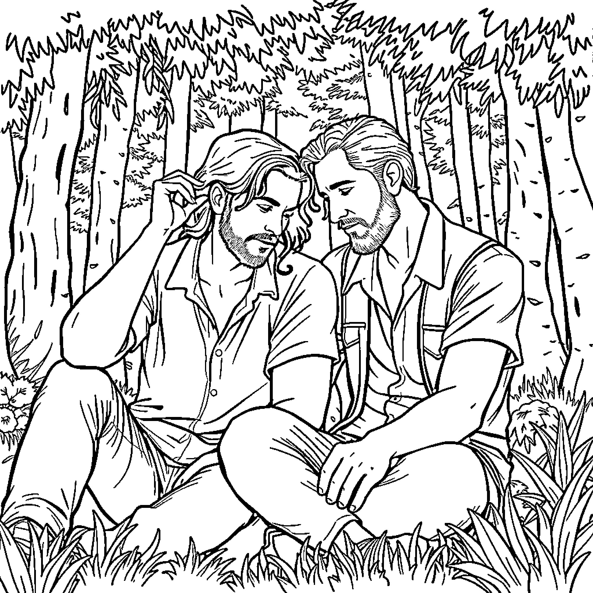 Benjamin Linus conversing with companions in forest Coloring Page (free black-and-white line drawing printable PDF for all, from beginners to advanced learners, including children, teens, adults, and seniors)