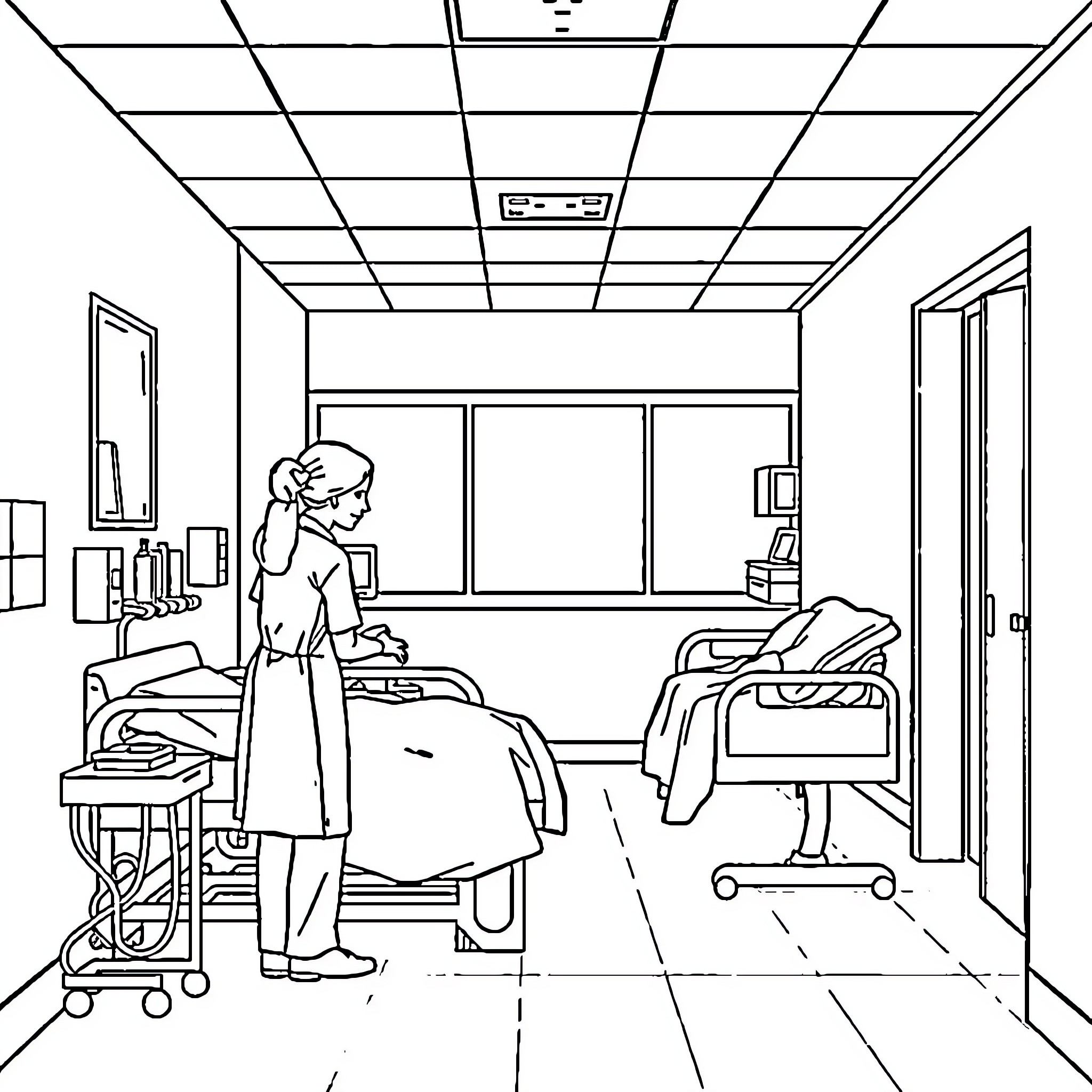 Nurse attending to patient in hospital room Coloring Page (free black-and-white line drawing printable PDF for all, from beginners to advanced learners, including children, teens, adults, and seniors)