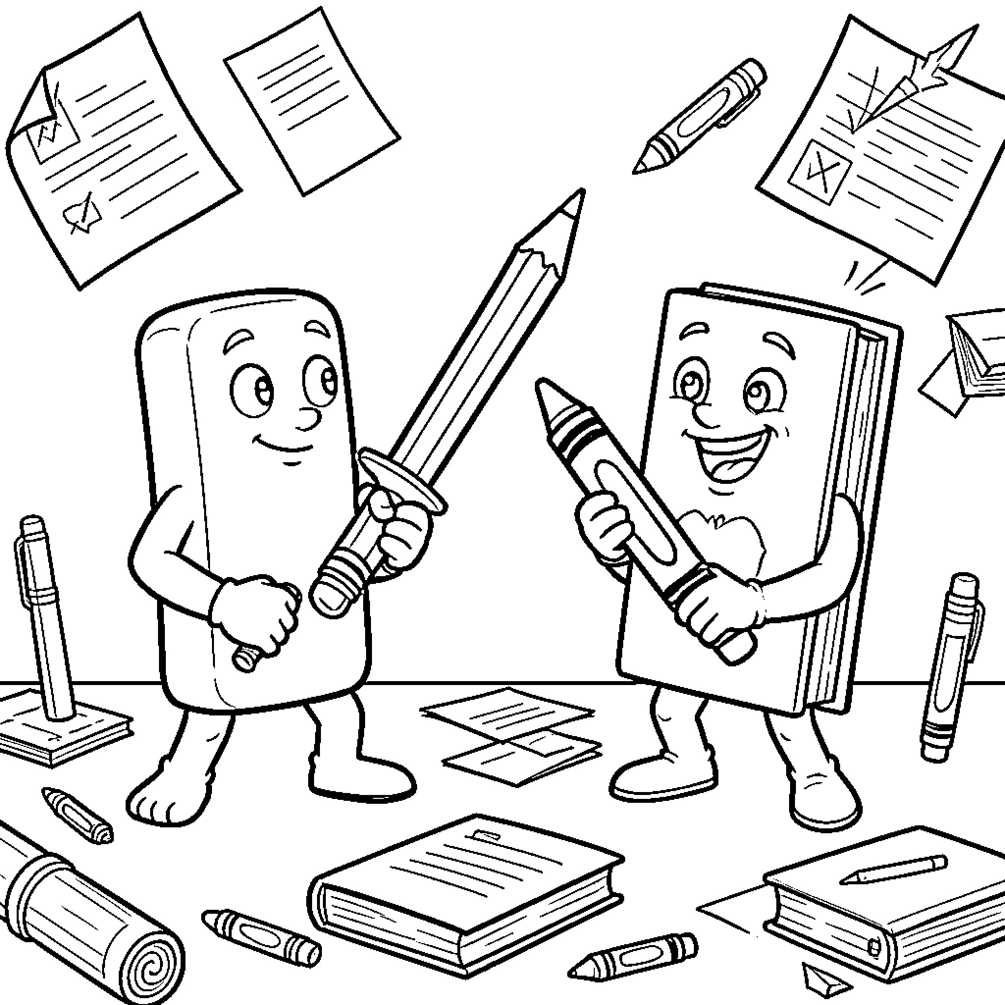 Eraser and notebook engaging in a playful duel Coloring Page (free black-and-white line drawing printable PDF for all, from beginners to advanced learners, including children, teens, adults, and seniors)