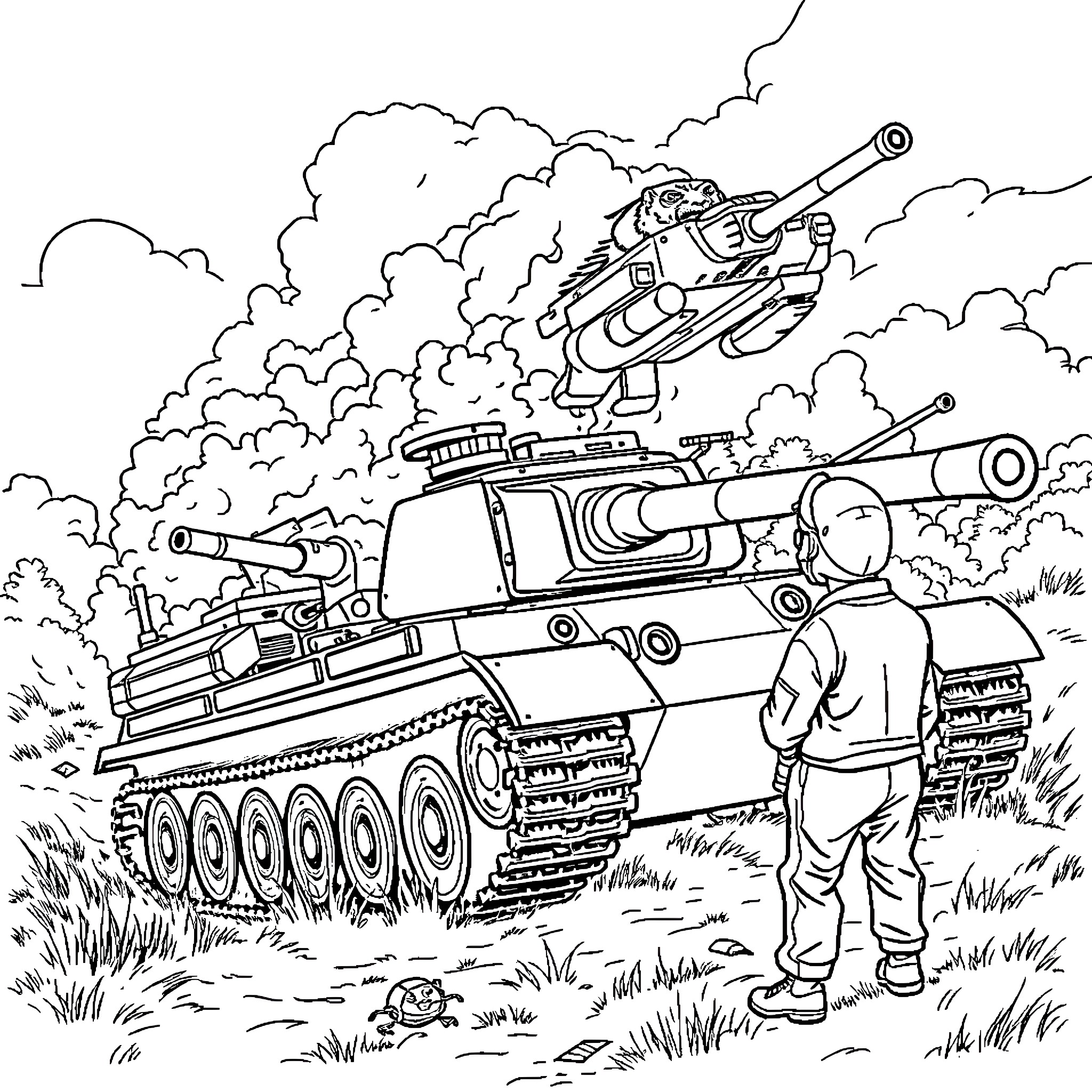 Tank battle scene with soldier in combat gear Coloring Page (free black-and-white line drawing printable PDF for all, from beginners to advanced learners, including children, teens, adults, and seniors)