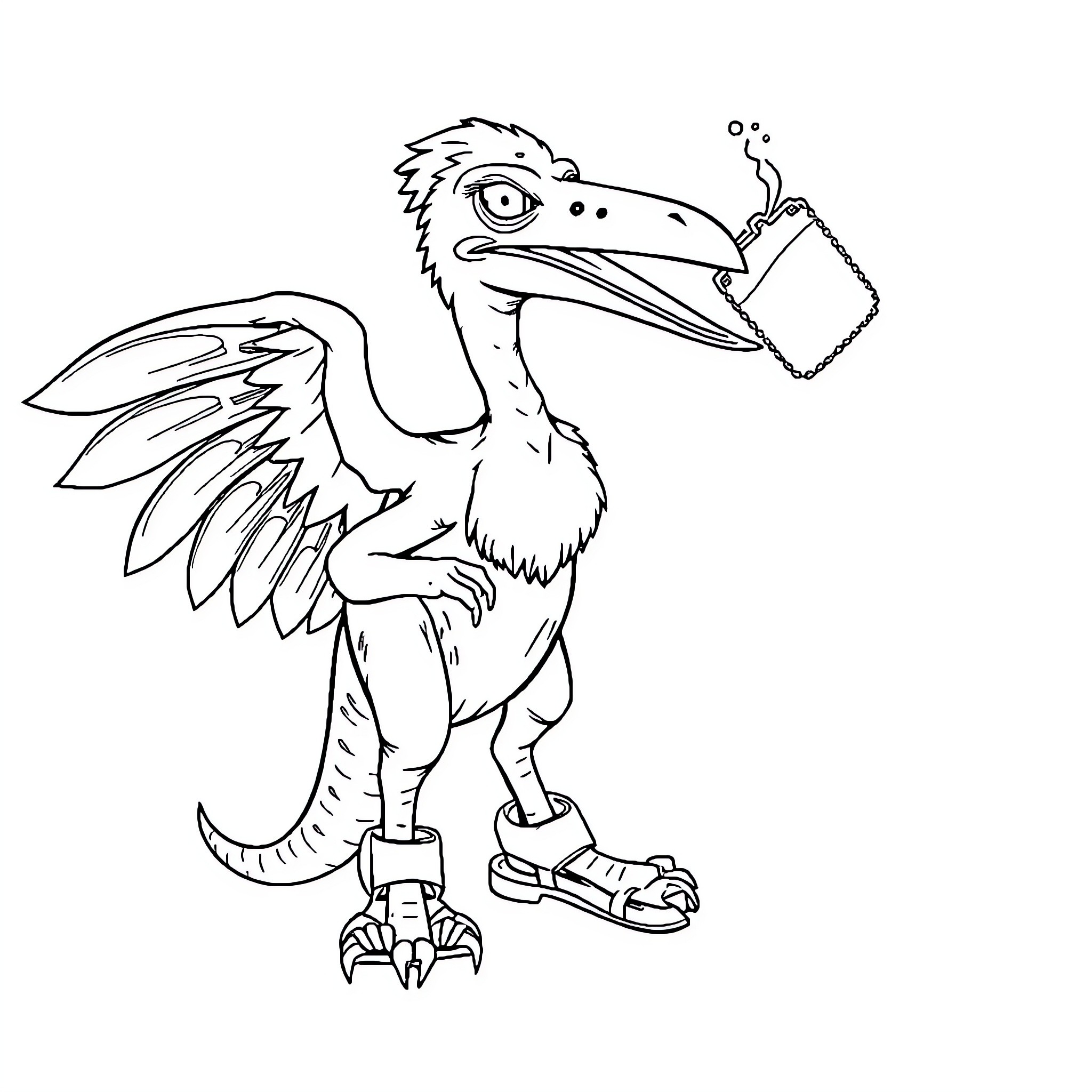 Pterodactyl reading a book curiously Coloring Page (free black-and-white line drawing printable PDF for all, from beginners to advanced learners, including children, teens, adults, and seniors)