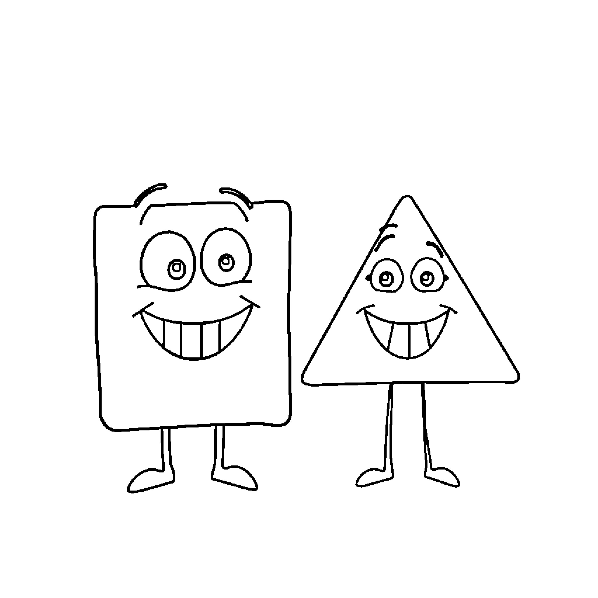 Square and Triangle with Cheerful Expressions Coloring Page (free black-and-white line drawing printable PDF for all, from beginners to advanced learners, including children, teens, adults, and seniors)