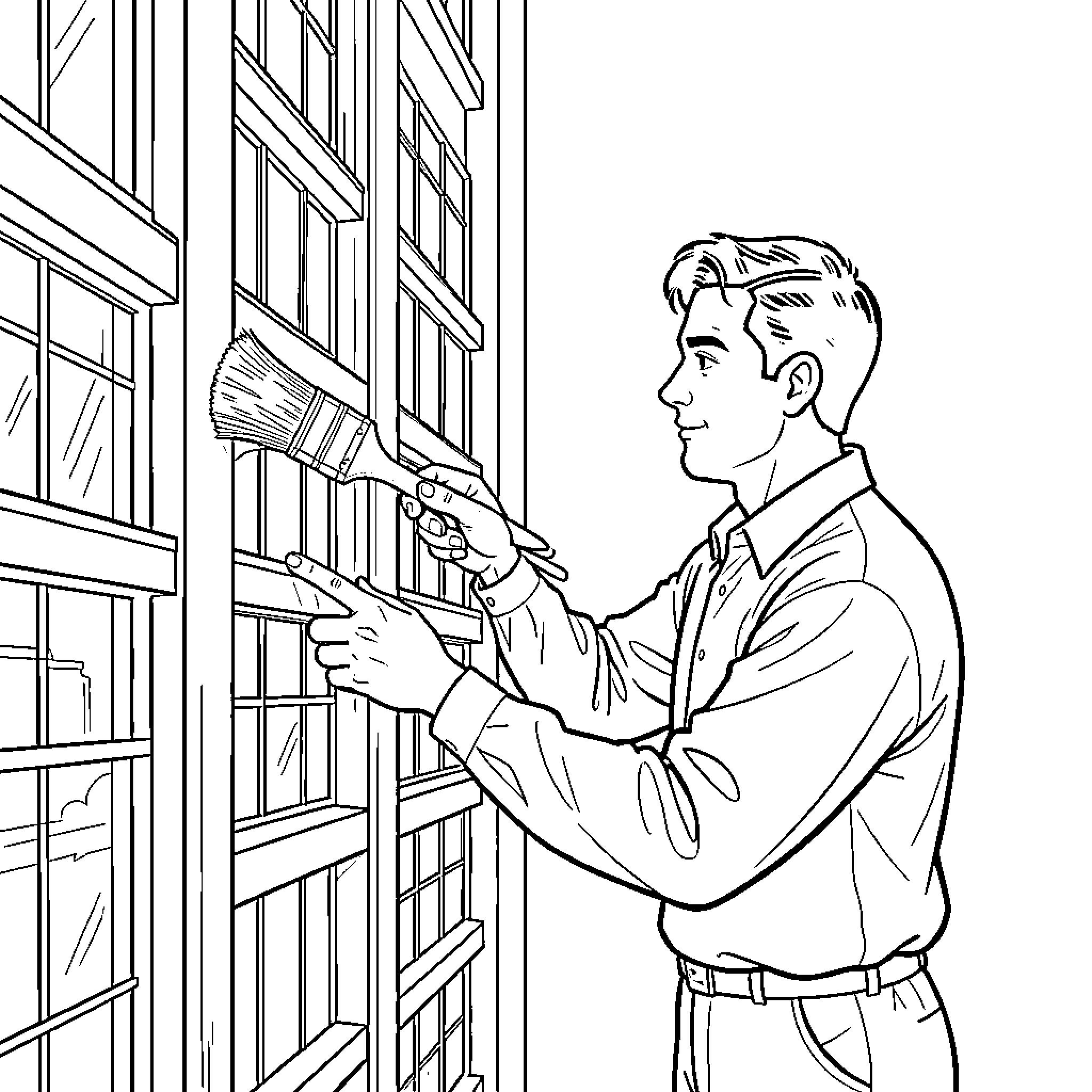 Man painting the window frames with a brush Coloring Page (free black-and-white line drawing printable PDF for all, from beginners to advanced learners, including children, teens, adults, and seniors)