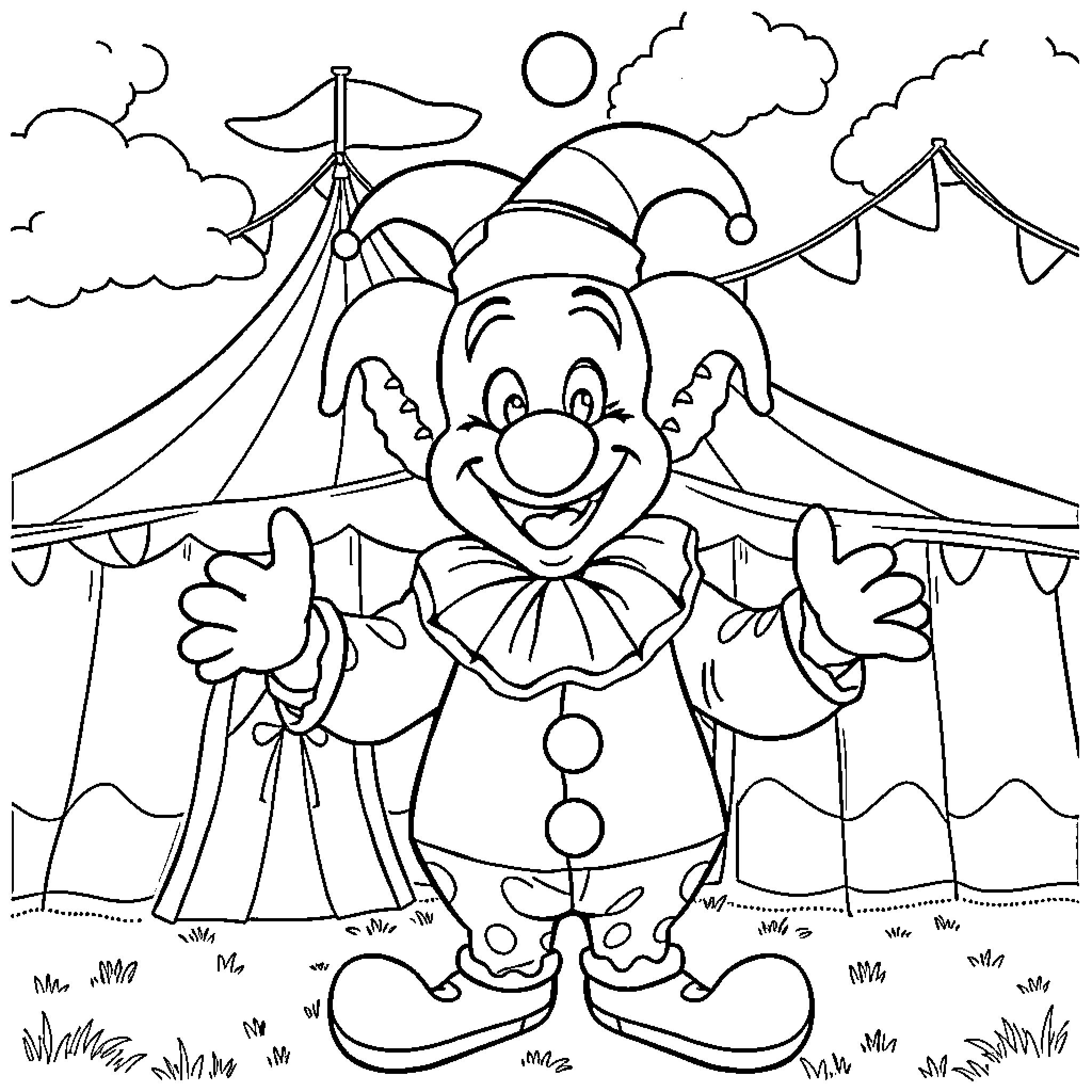 Bumba's Circus Clown Delight Coloring Page (free black-and-white line drawing printable PDF for all, from beginners to advanced learners, including children, teens, adults, and seniors)