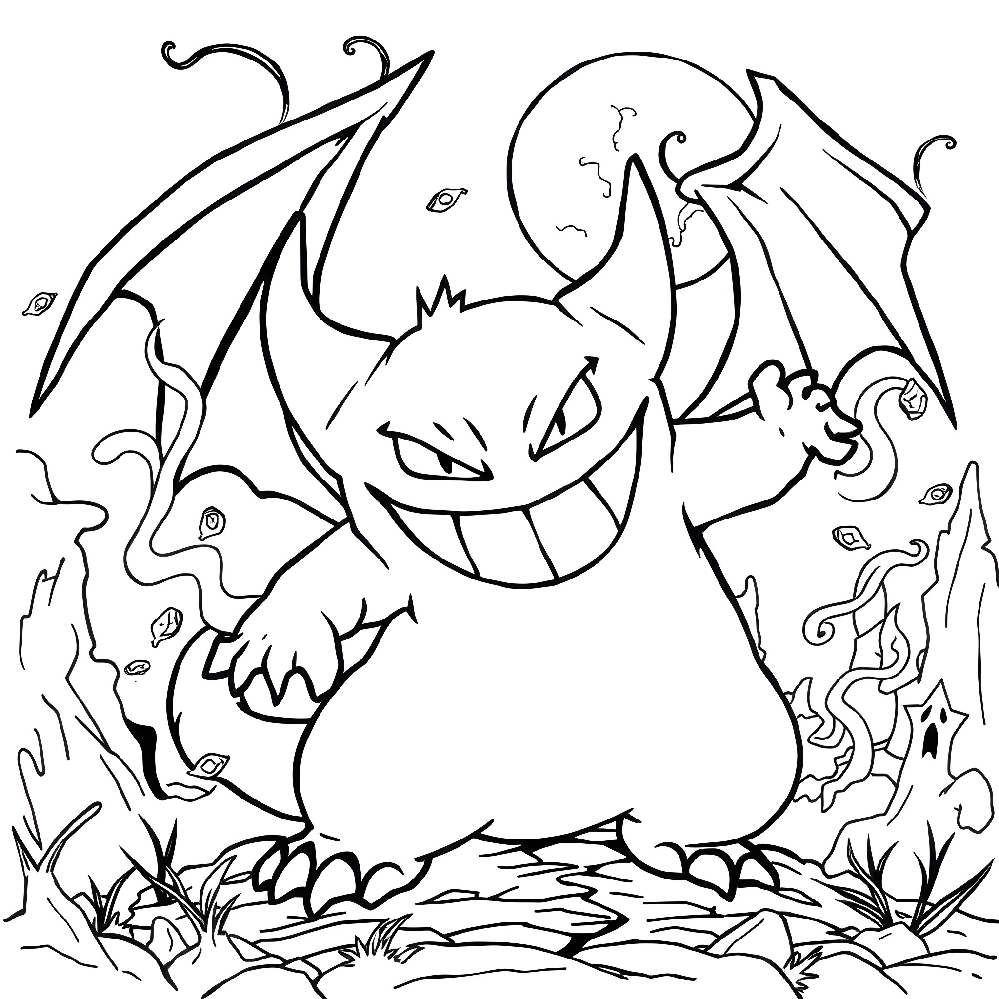 Gengar, the Ghostly Pokémon, Emerging from the Shadows Coloring Page (free black-and-white line drawing printable PDF for all, from beginners to advanced learners, including children, teens, adults, and seniors)