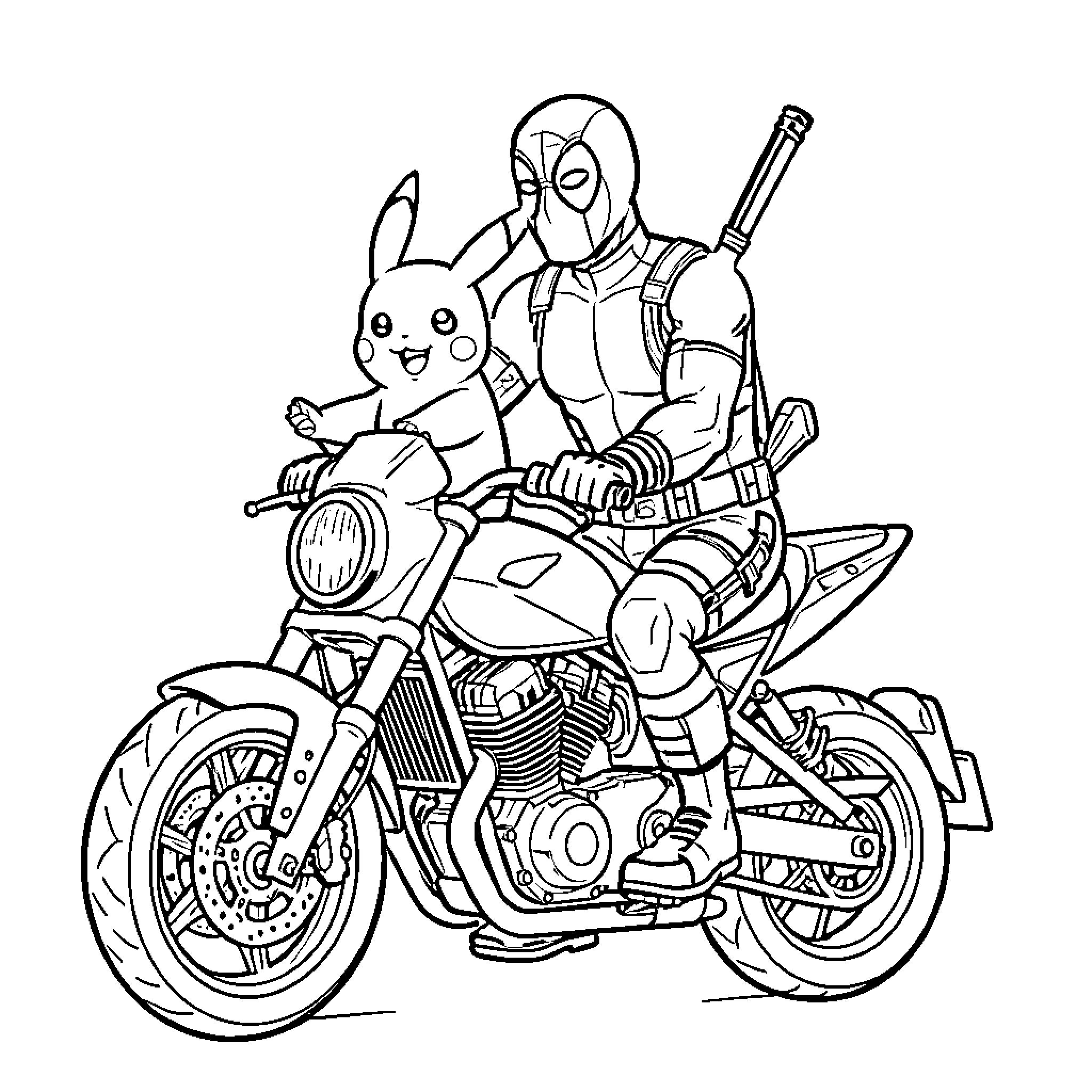 Deadpool riding a motorcycle with a cute companion Coloring Page (free black-and-white line drawing printable PDF for all, from beginners to advanced learners, including children, teens, adults, and seniors)