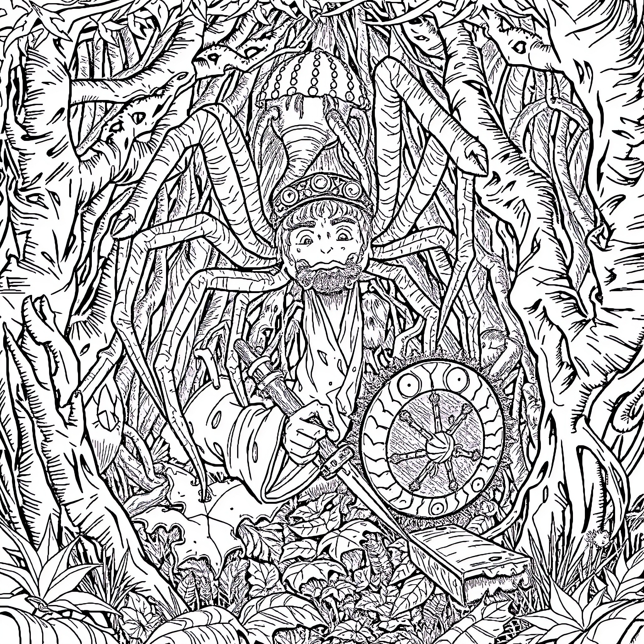Bilbo Baggins exploring the enchanted forest Coloring Page (free black-and-white line drawing printable PDF for all, from beginners to advanced learners, including children, teens, adults, and seniors)