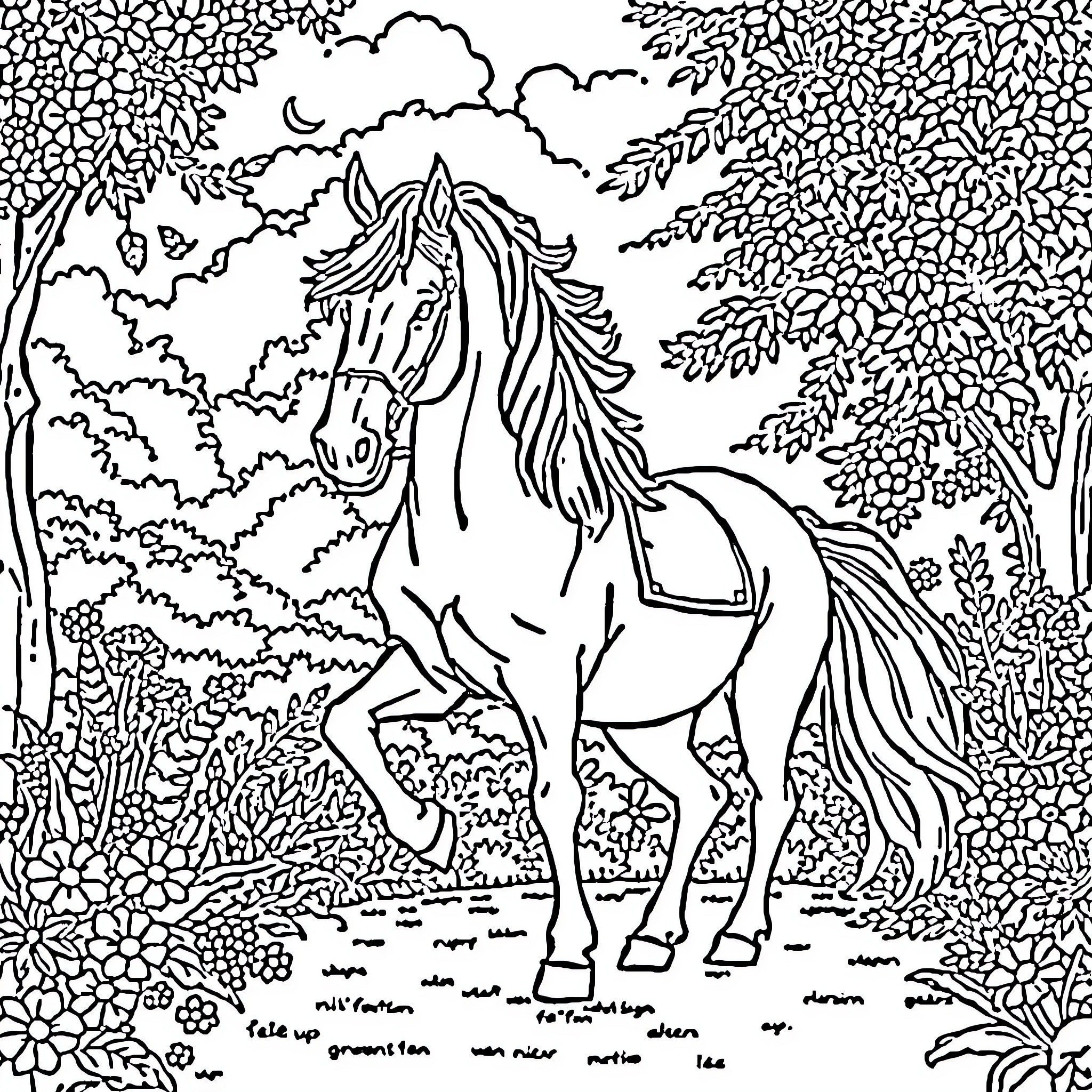 Horse galloping through a mystical forest landscape Coloring Page (free black-and-white line drawing printable PDF for all, from beginners to advanced learners, including children, teens, adults, and seniors)