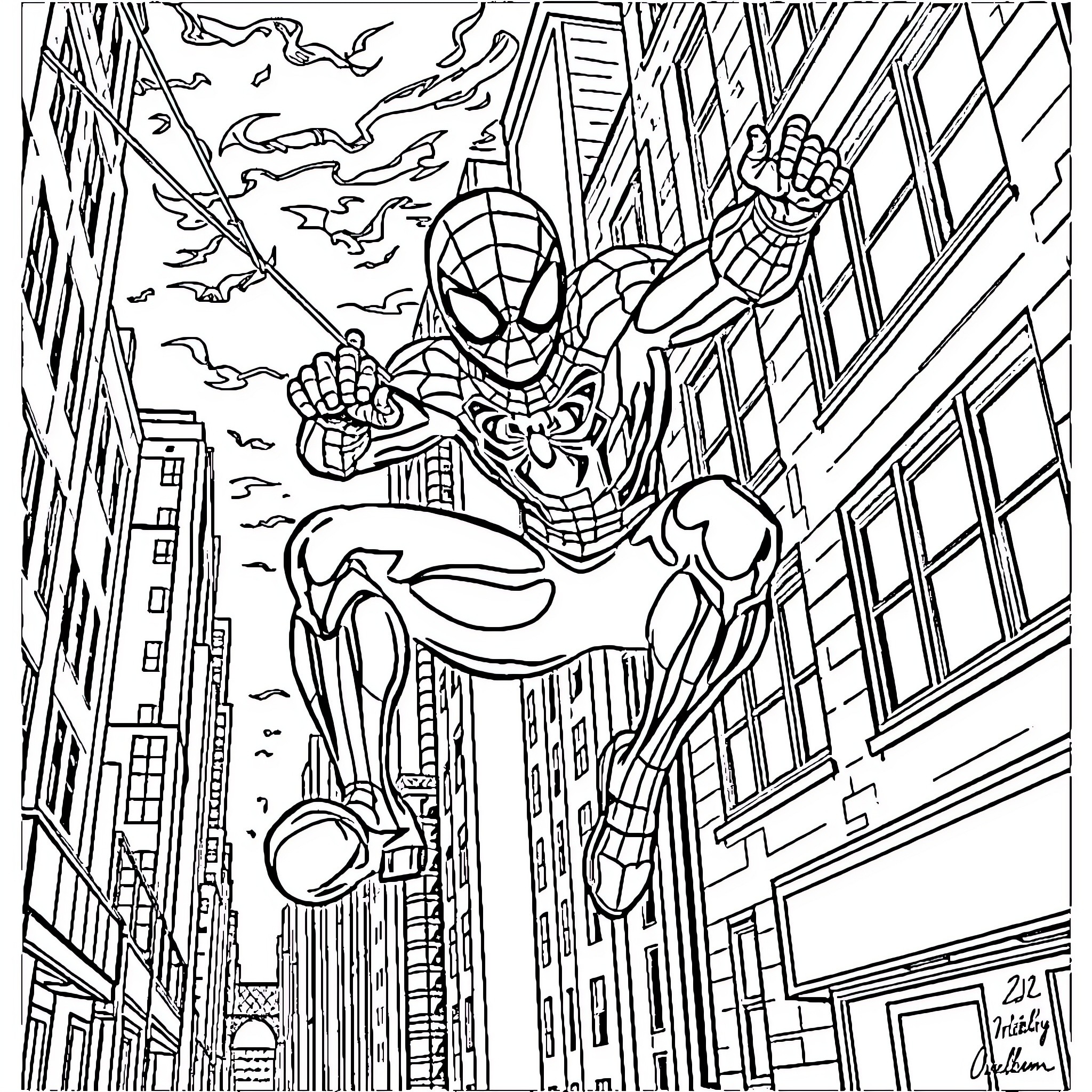 Spiderman swinging through the city skyline Coloring Page (free black-and-white line drawing printable PDF for all, from beginners to advanced learners, including children, teens, adults, and seniors)