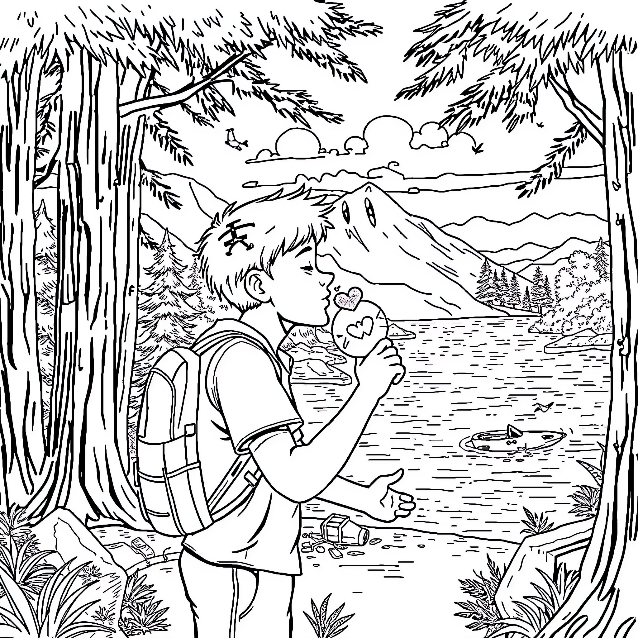 Jason explores the wondrous wilderness landscape Coloring Page (free black-and-white line drawing printable PDF for all, from beginners to advanced learners, including children, teens, adults, and seniors)