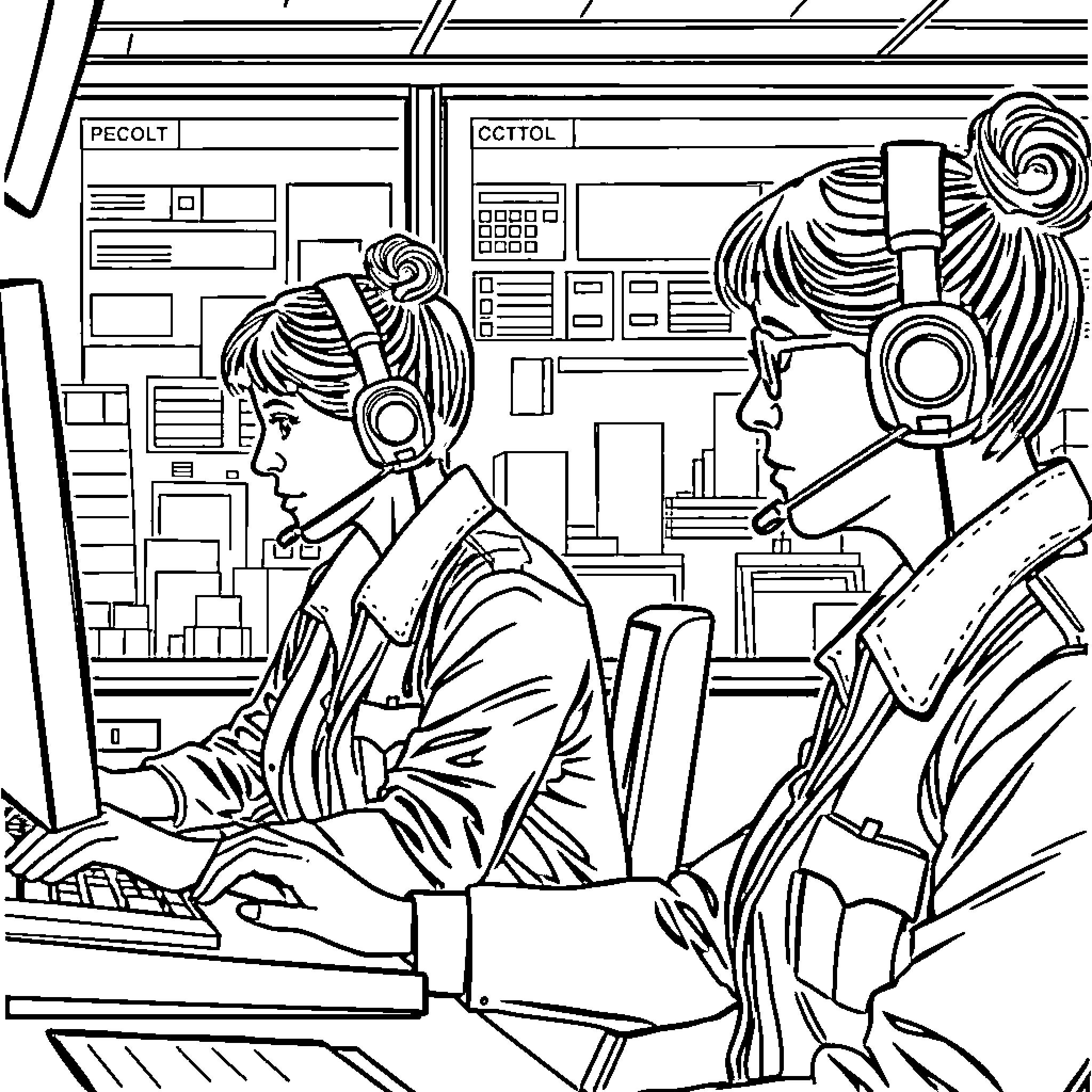 Dispatcher managing communications in a busy control room Coloring Page (free black-and-white line drawing printable PDF for all, from beginners to advanced learners, including children, teens, adults, and seniors)
