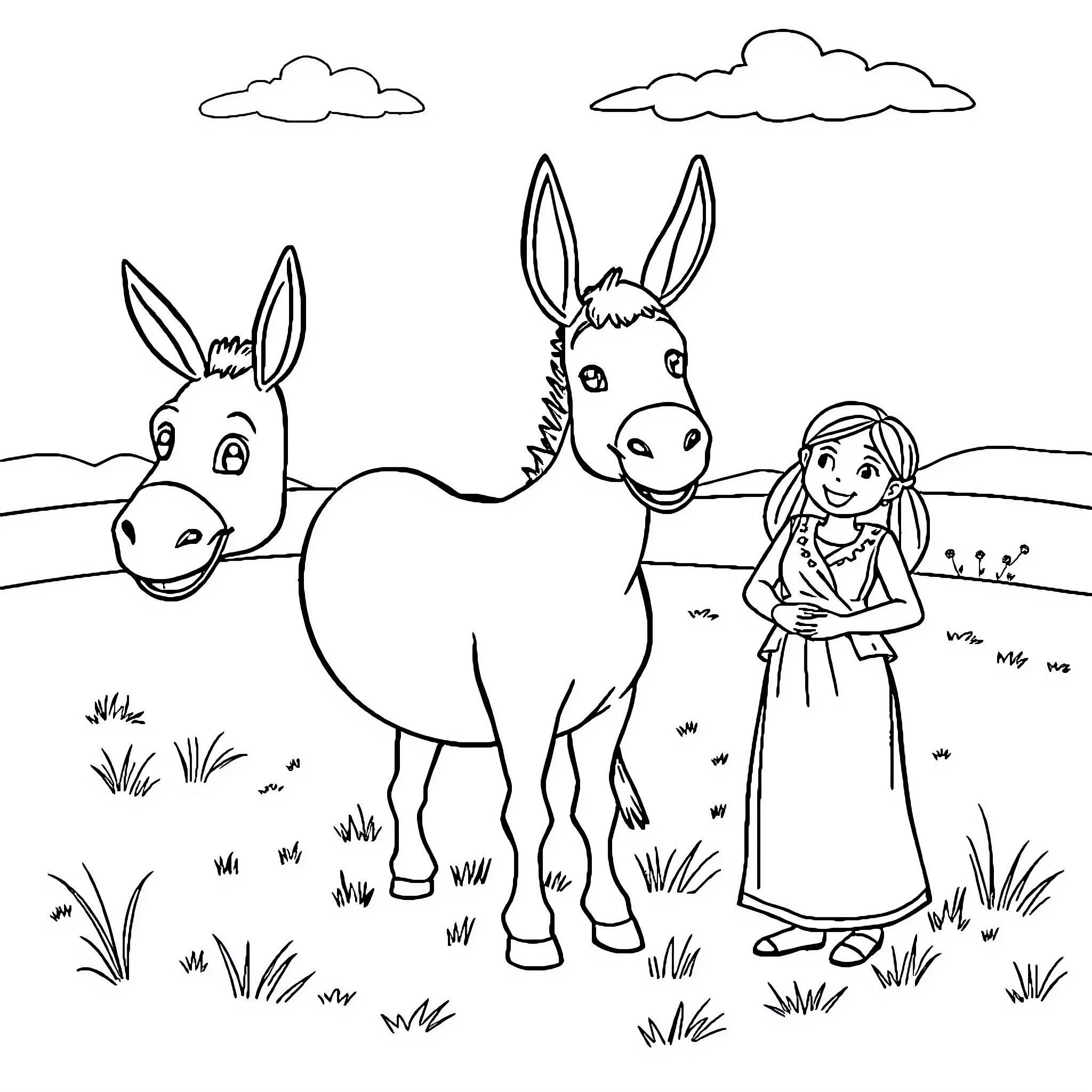 Donkey and girl explore the countryside together Coloring Page (free black-and-white line drawing printable PDF for all, from beginners to advanced learners, including children, teens, adults, and seniors)