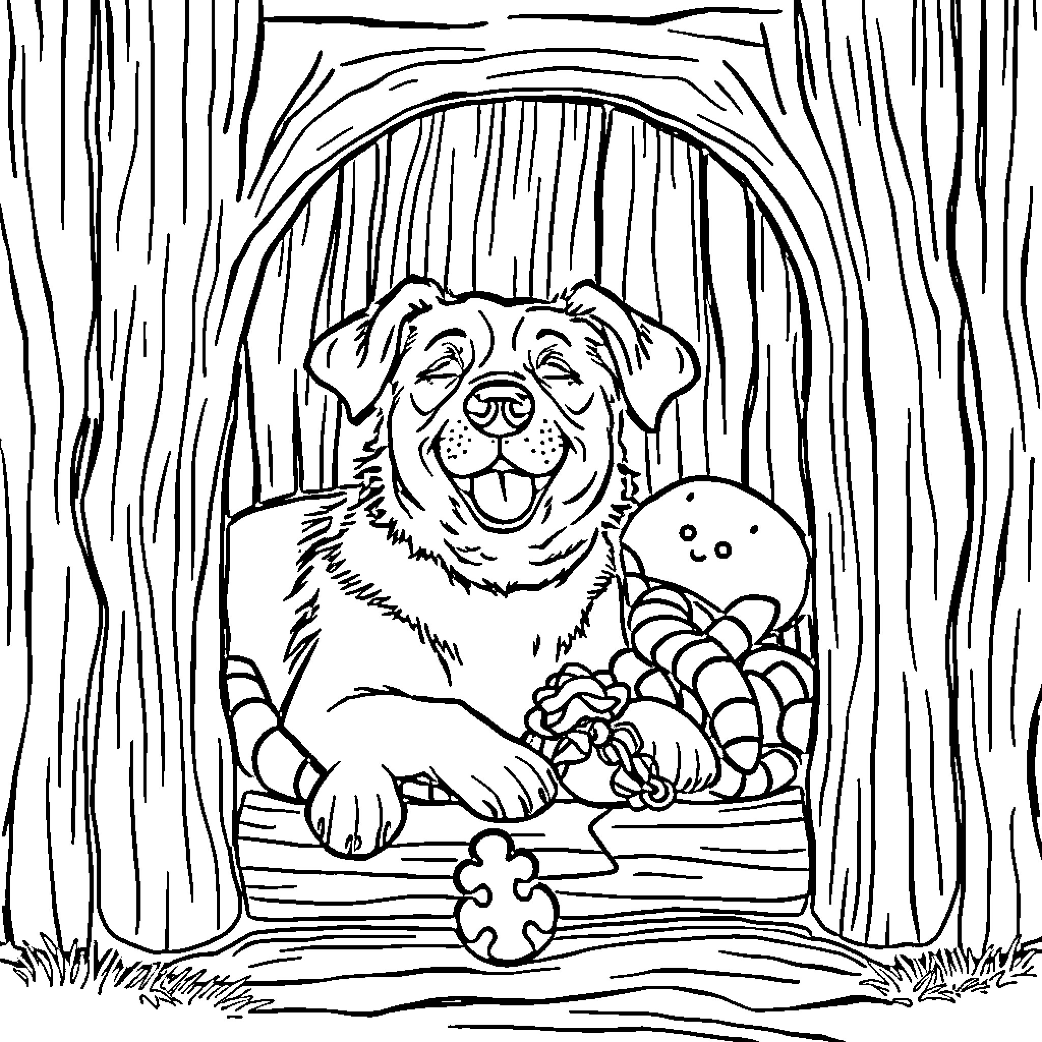 Dog Peeking Out from Wooden Cabin Coloring Page (free black-and-white line drawing printable PDF for all, from beginners to advanced learners, including children, teens, adults, and seniors)