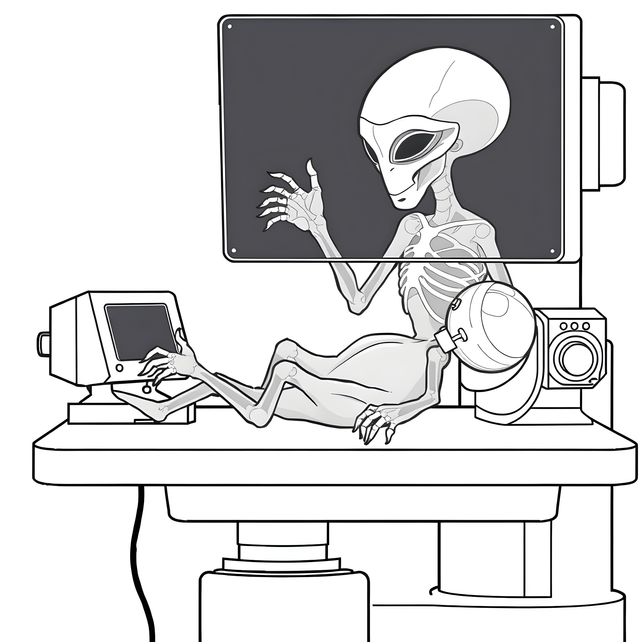 Alien examining computer equipment in laboratory Coloring Page (free black-and-white line drawing printable PDF for all, from beginners to advanced learners, including children, teens, adults, and seniors)
