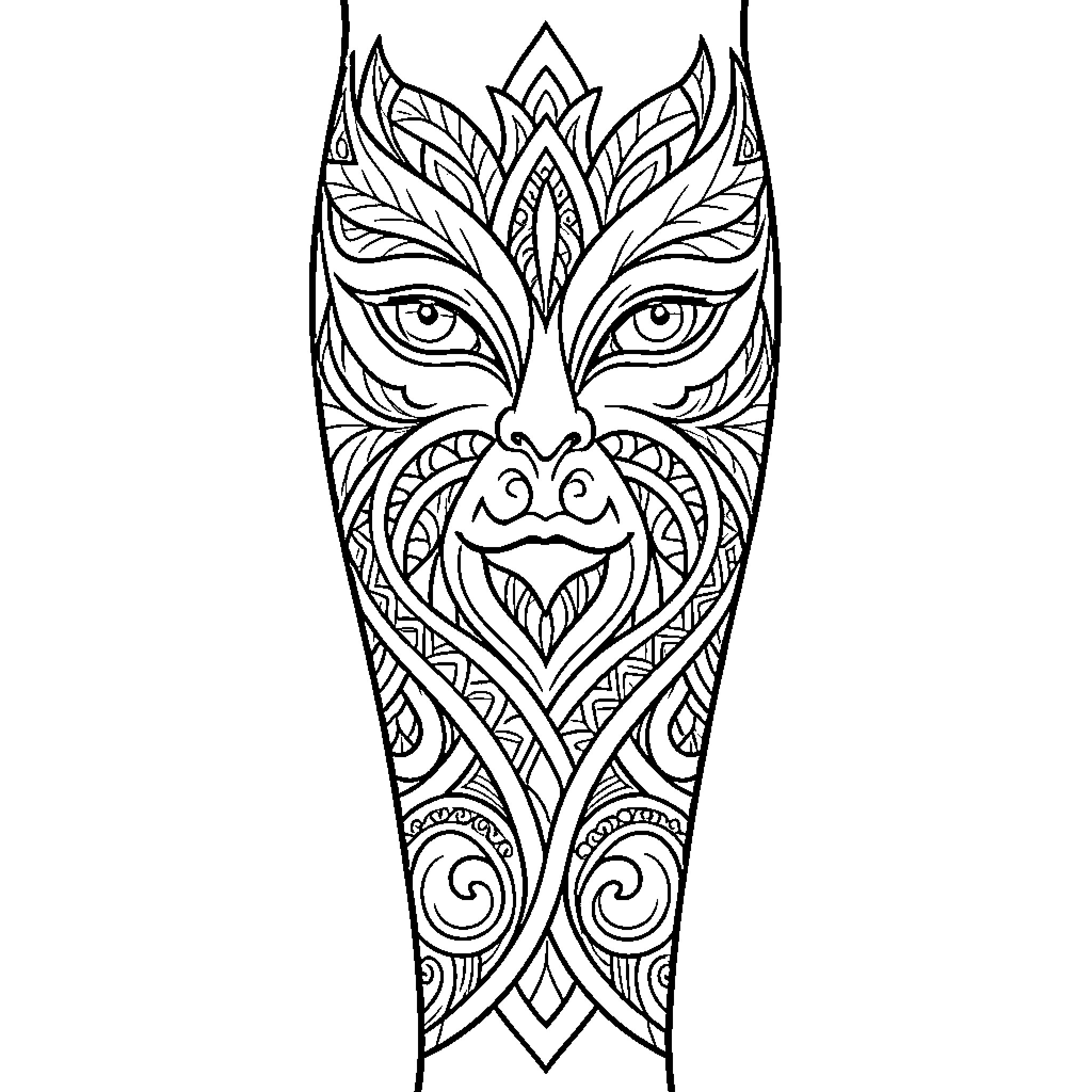 Polynesian Tattoo-inspired Mask Design with Intricate Patterns Coloring Page (free black-and-white line drawing printable PDF for all, from beginners to advanced learners, including children, teens, adults, and seniors)