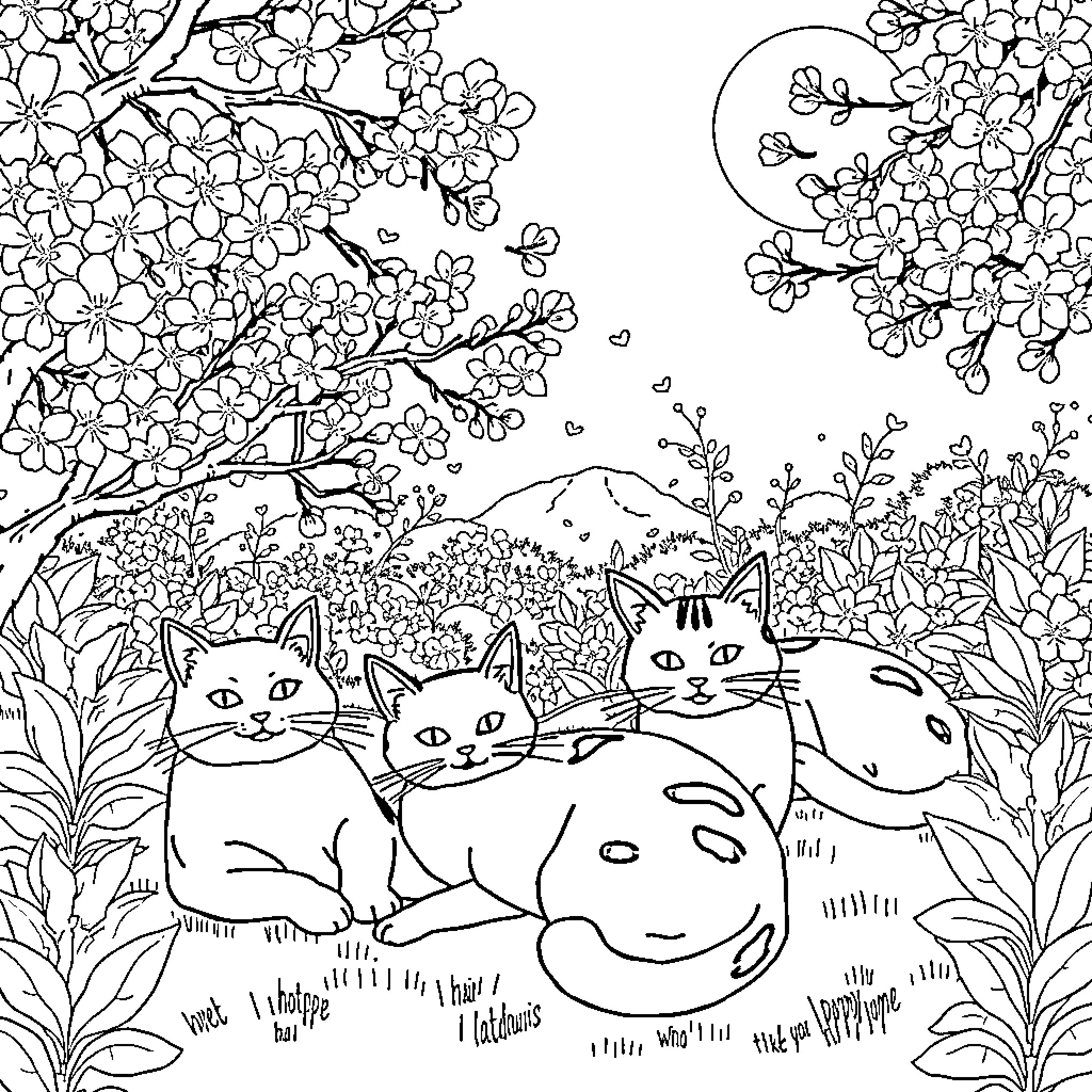 Cats among the Flowering Branches Coloring Page (free black-and-white line drawing printable PDF for all, from beginners to advanced learners, including children, teens, adults, and seniors)