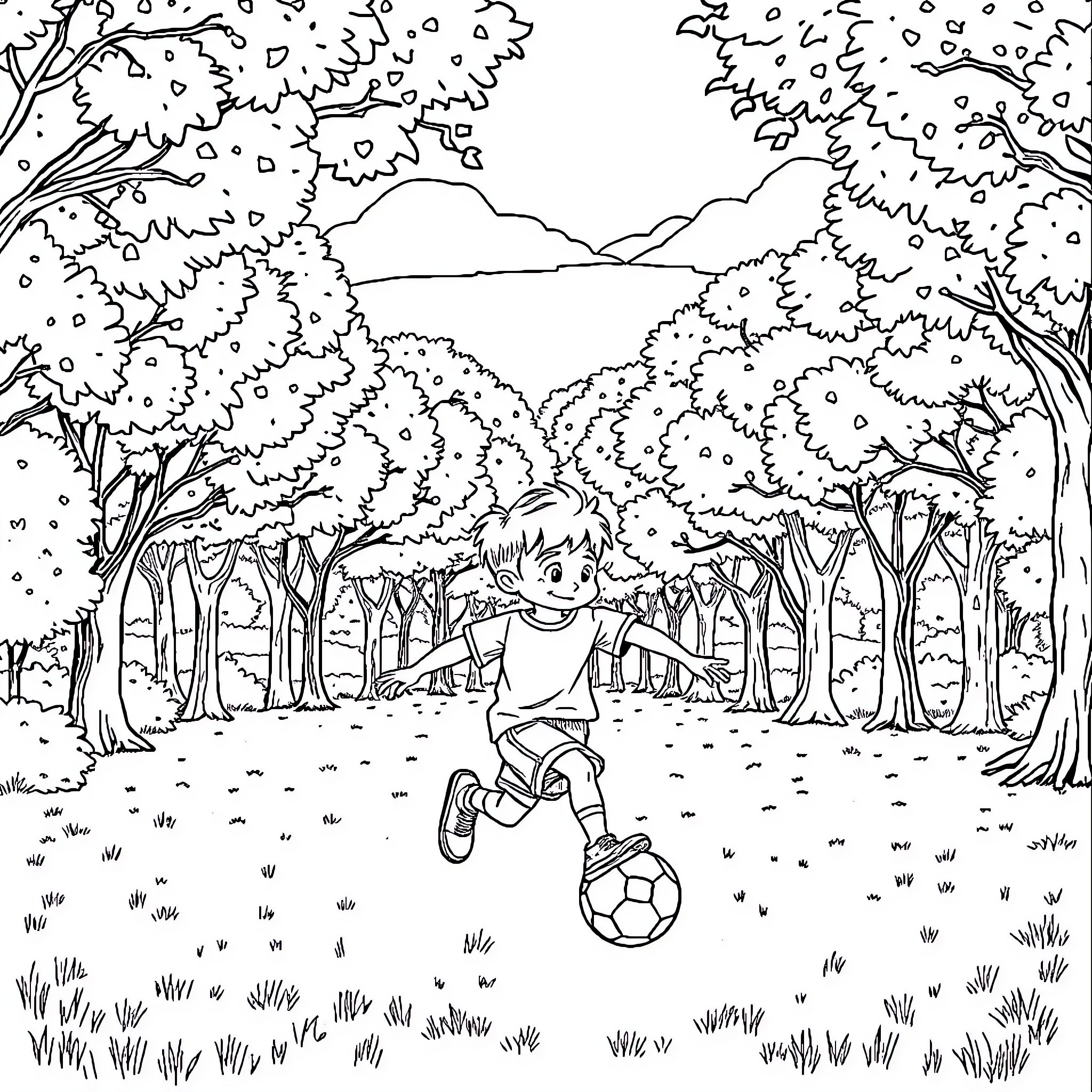 Niño jugando con balón en el bosque Coloring Page (free black-and-white line drawing printable PDF for all, from beginners to advanced learners, including children, teens, adults, and seniors)