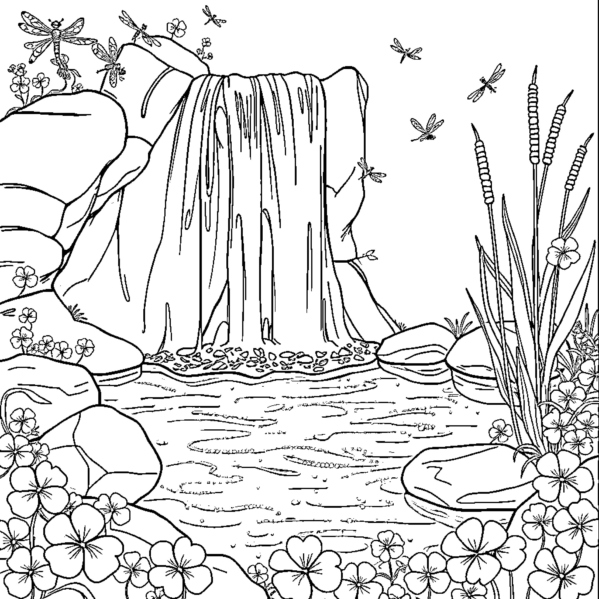 Waterfall surrounded by lush nature and flowers Coloring Page (free black-and-white line drawing printable PDF for all, from beginners to advanced learners, including children, teens, adults, and seniors)