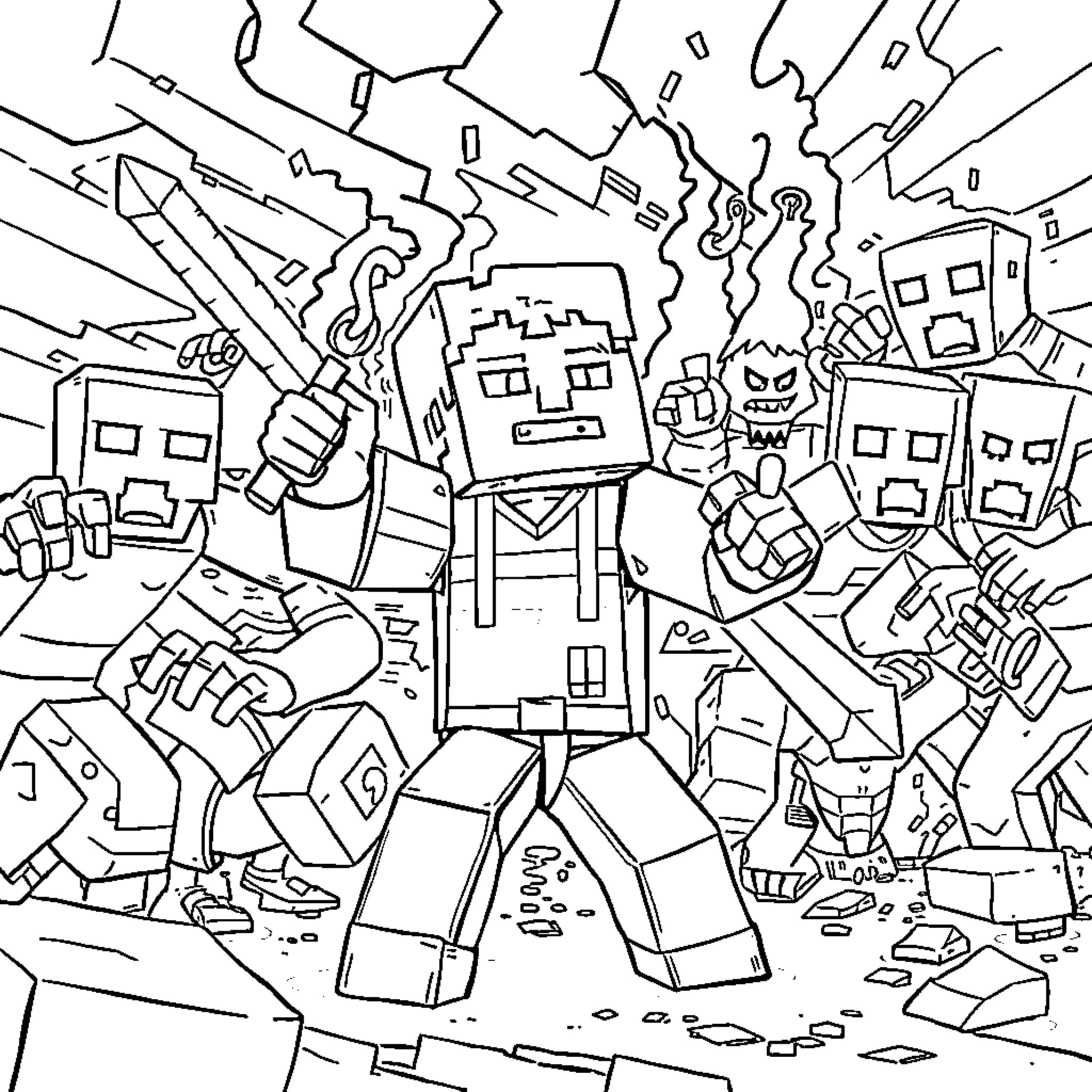 Steve's Exciting Adventure in the Blocky World Coloring Page (free black-and-white line drawing printable PDF for all, from beginners to advanced learners, including children, teens, adults, and seniors)
