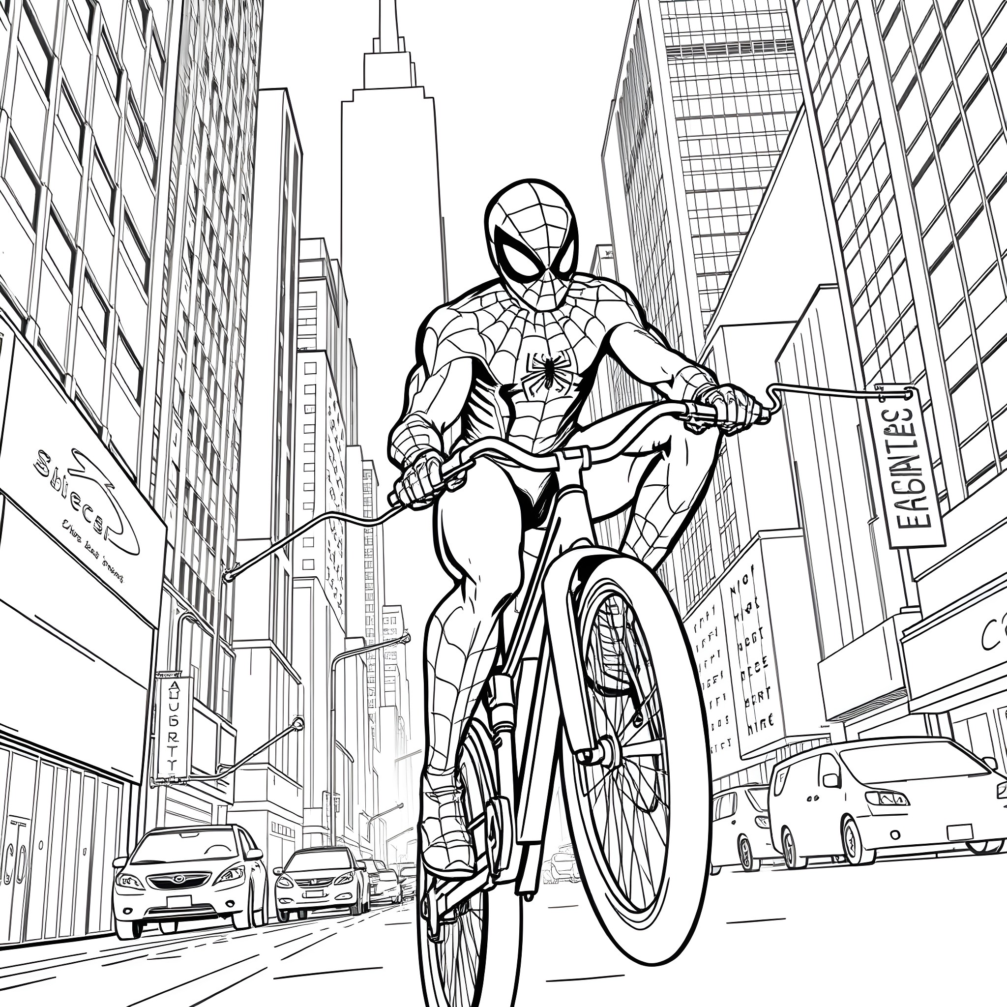 Spiderman swinging through the city on a bicycle Coloring Page (free black-and-white line drawing printable PDF for all, from beginners to advanced learners, including children, teens, adults, and seniors)