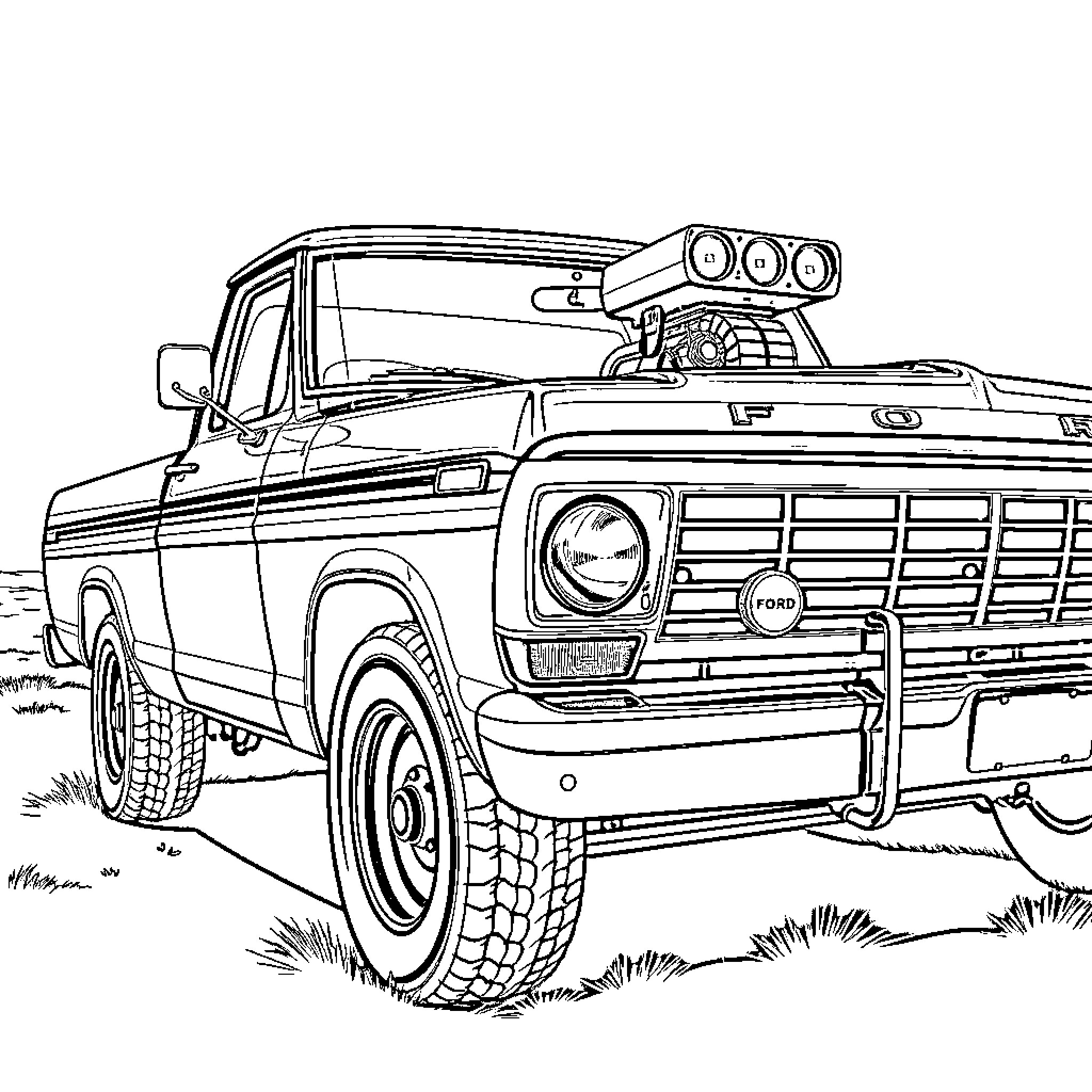Ford F250 truck with rugged off-road features Coloring Page (free black-and-white line drawing printable PDF for all, from beginners to advanced learners, including children, teens, adults, and seniors)