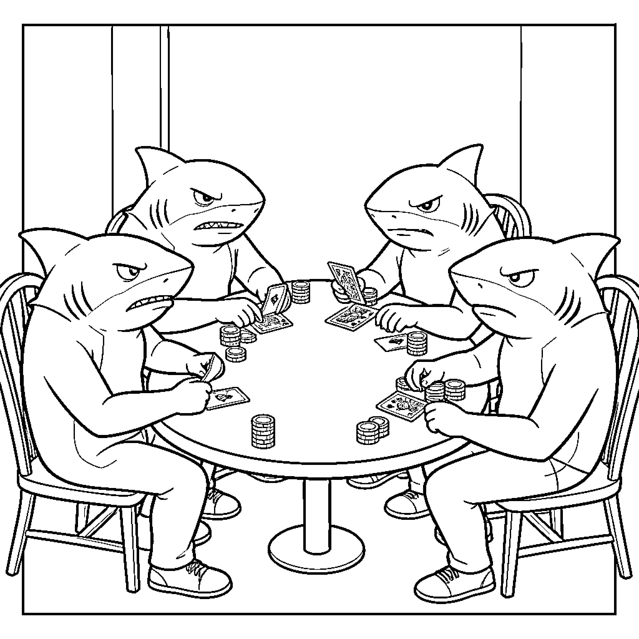 Shark friends playing poker at the table Coloring Page (free black-and-white line drawing printable PDF for all, from beginners to advanced learners, including children, teens, adults, and seniors)