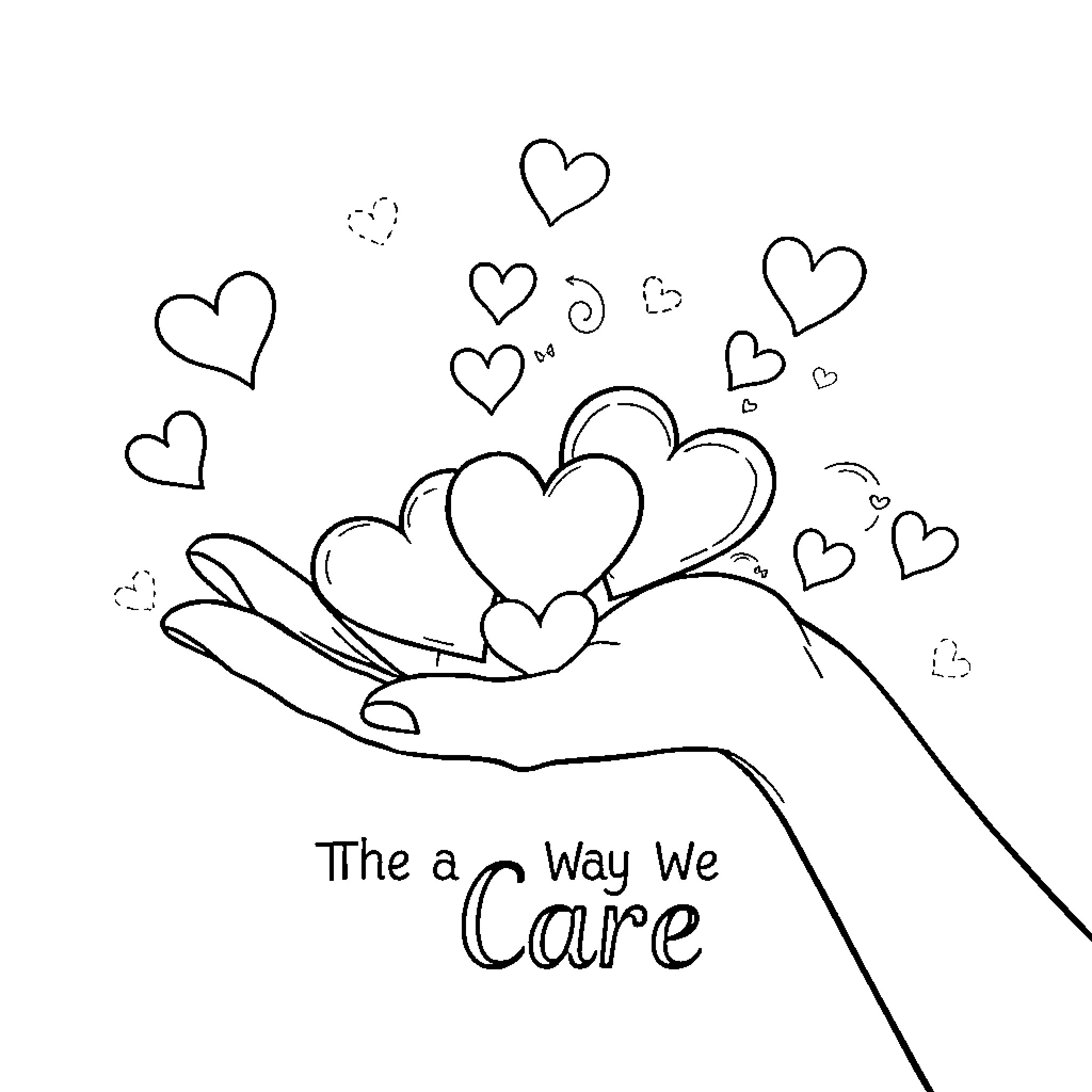 Hand Holding Hearts Expressing Care Coloring Page (free black-and-white line drawing printable PDF for all, from beginners to advanced learners, including children, teens, adults, and seniors)