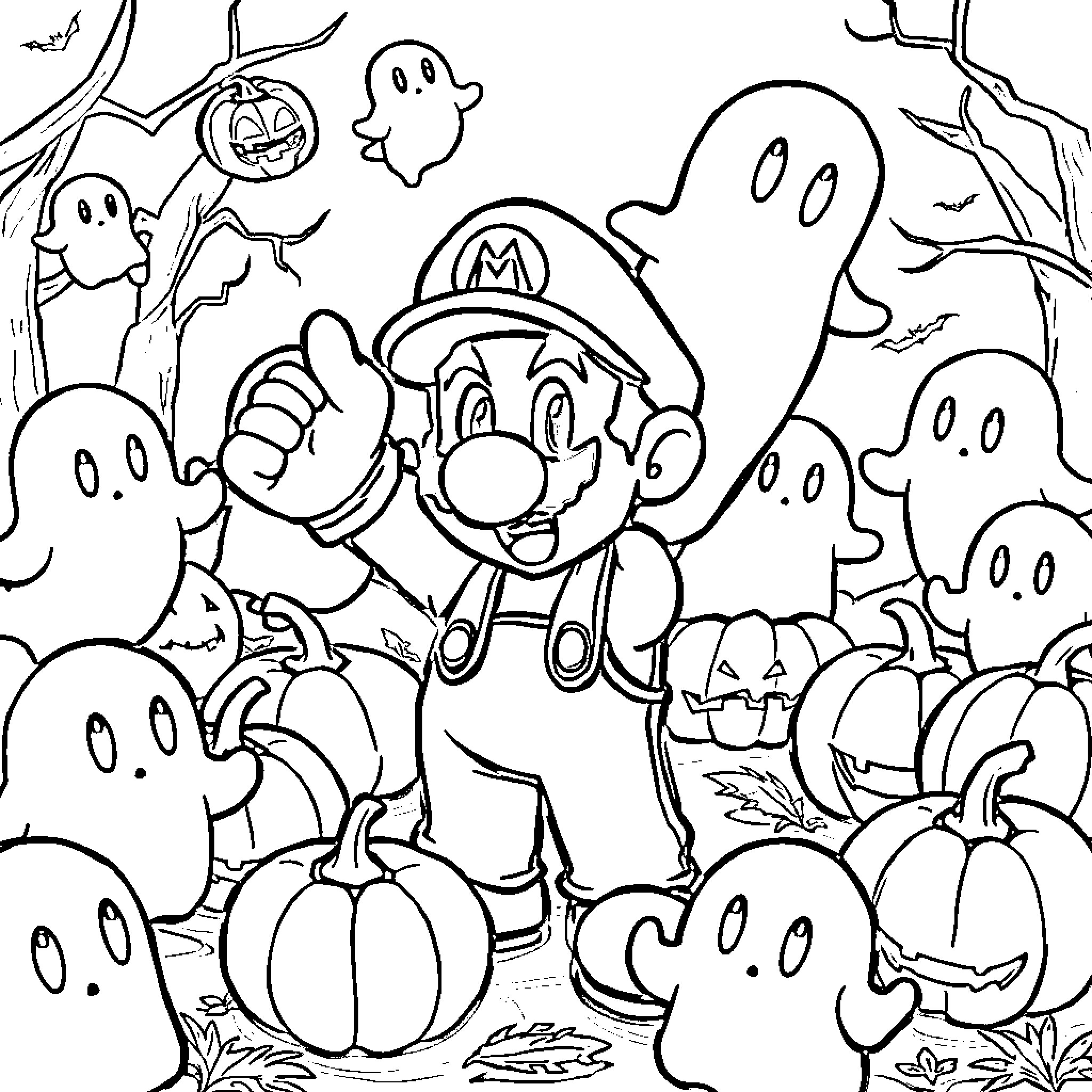 Mario's Spooky Halloween Adventure Coloring Page (free black-and-white line drawing printable PDF for all, from beginners to advanced learners, including children, teens, adults, and seniors)