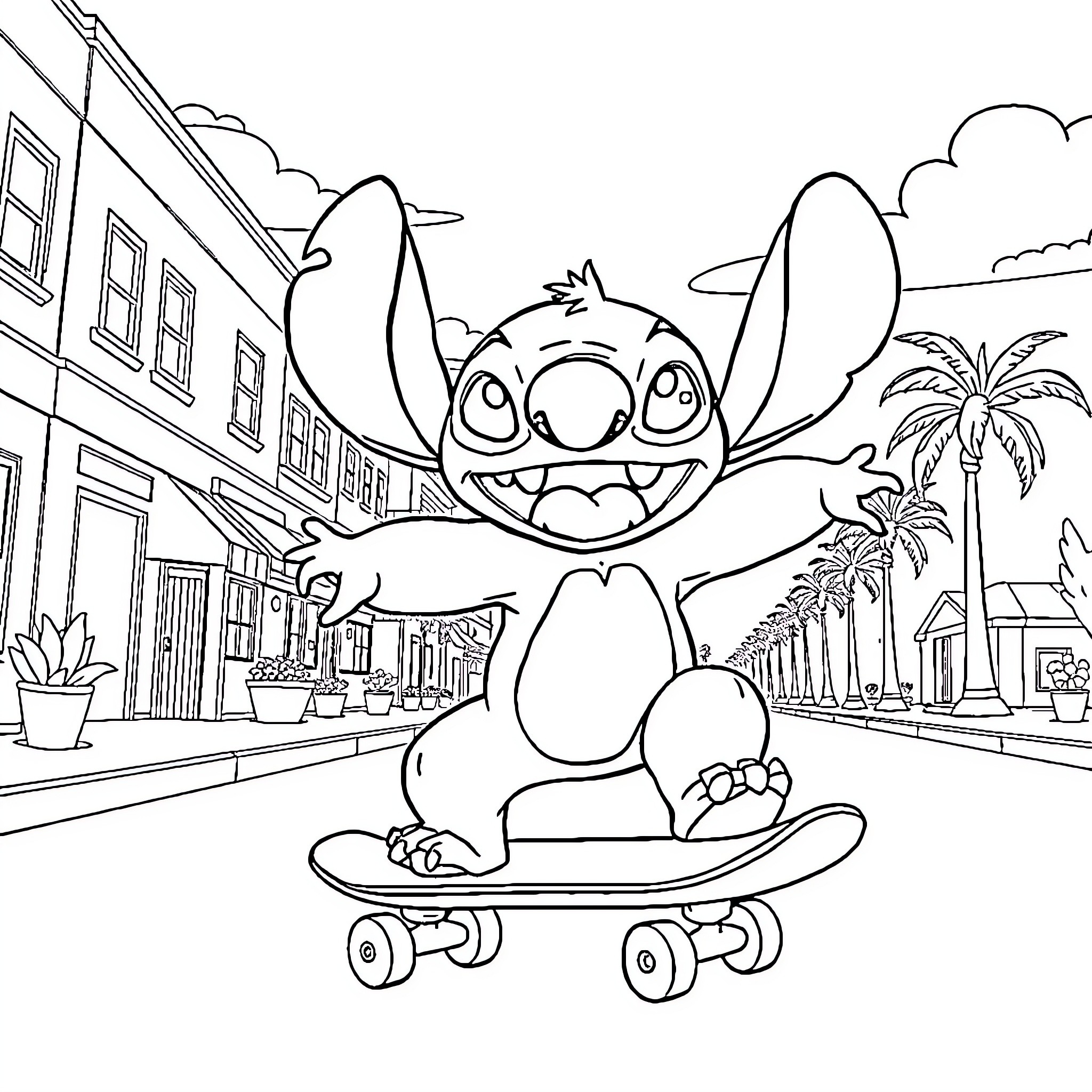 Stitch skateboarding through a lively town Coloring Page (free black-and-white line drawing printable PDF for all, from beginners to advanced learners, including children, teens, adults, and seniors)