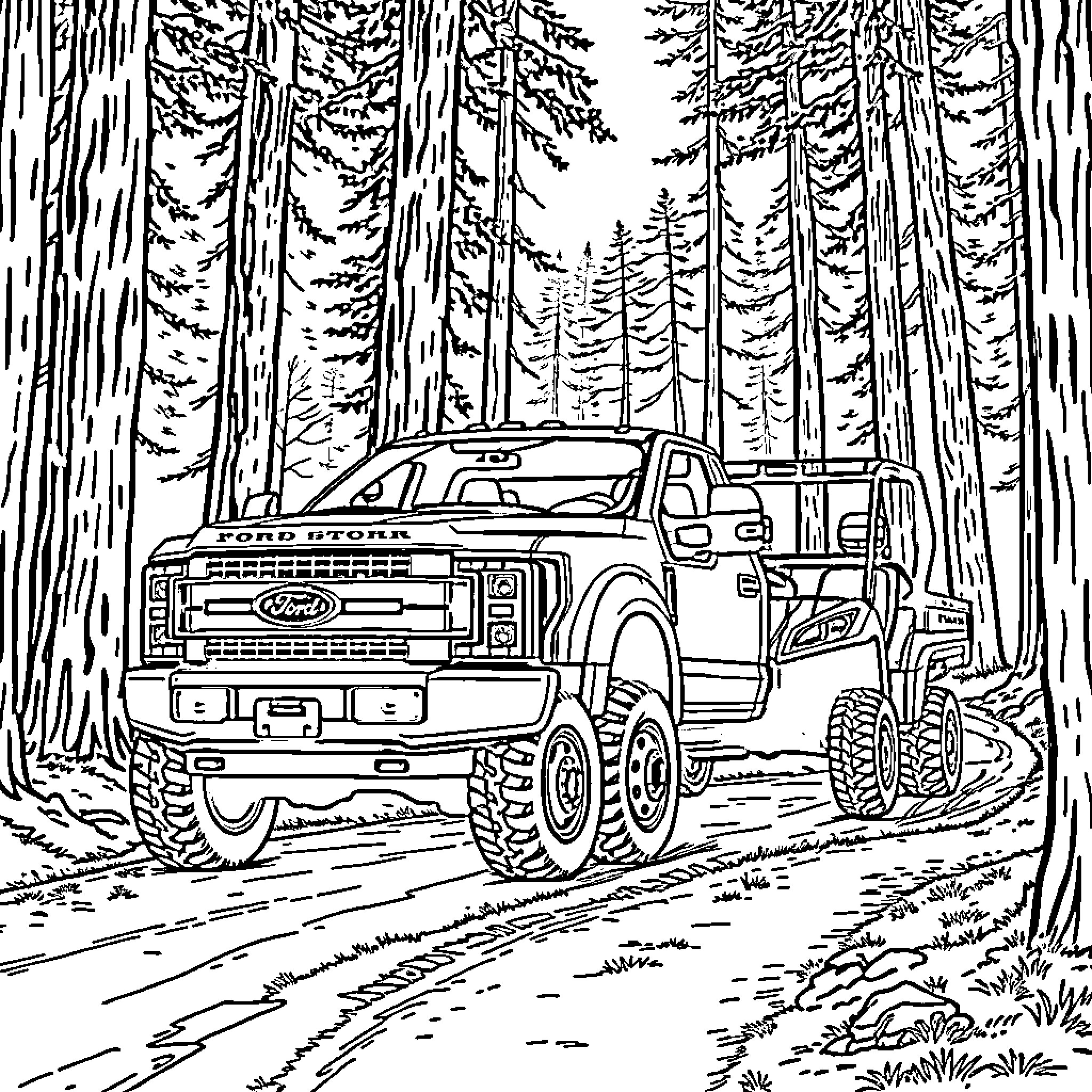 Ford off-road truck traversing forest path Coloring Page (free black-and-white line drawing printable PDF for all, from beginners to advanced learners, including children, teens, adults, and seniors)
