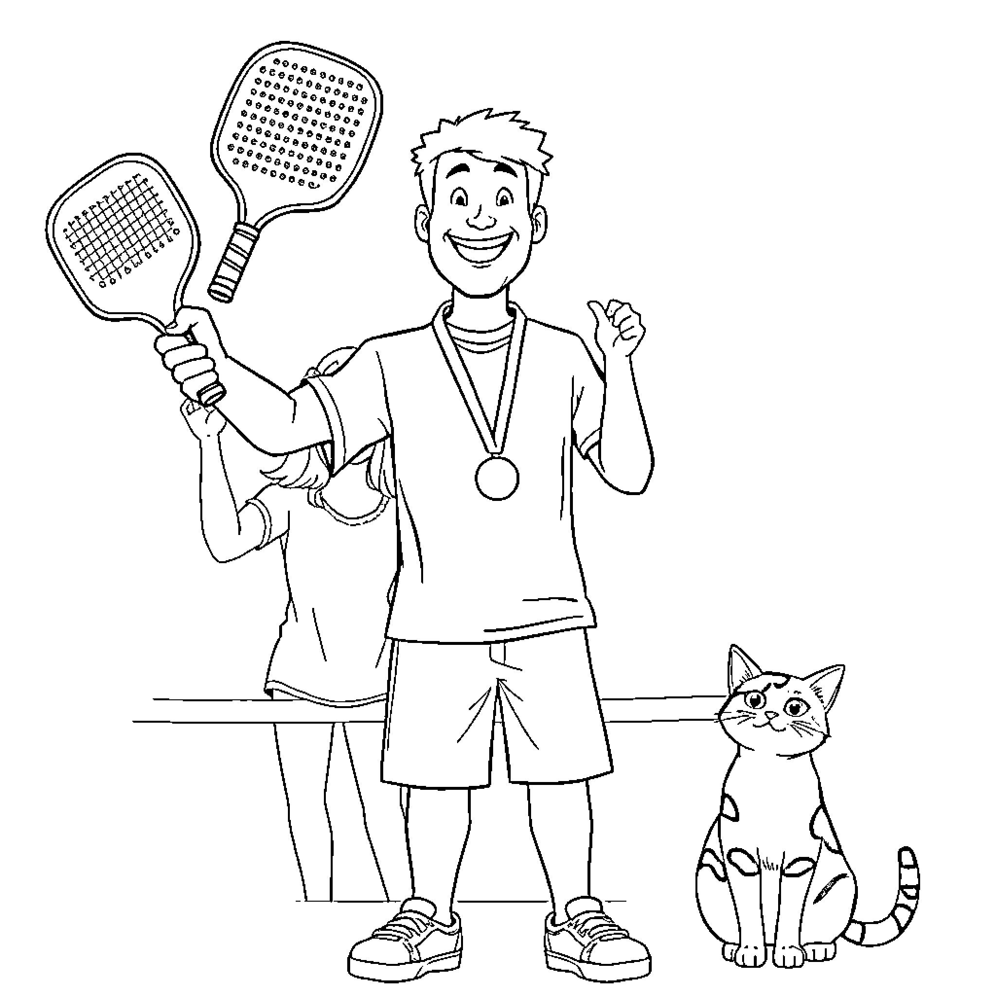 Guy Celebrating Tennis Victory with Pet Coloring Page (free black-and-white line drawing printable PDF for all, from beginners to advanced learners, including children, teens, adults, and seniors)