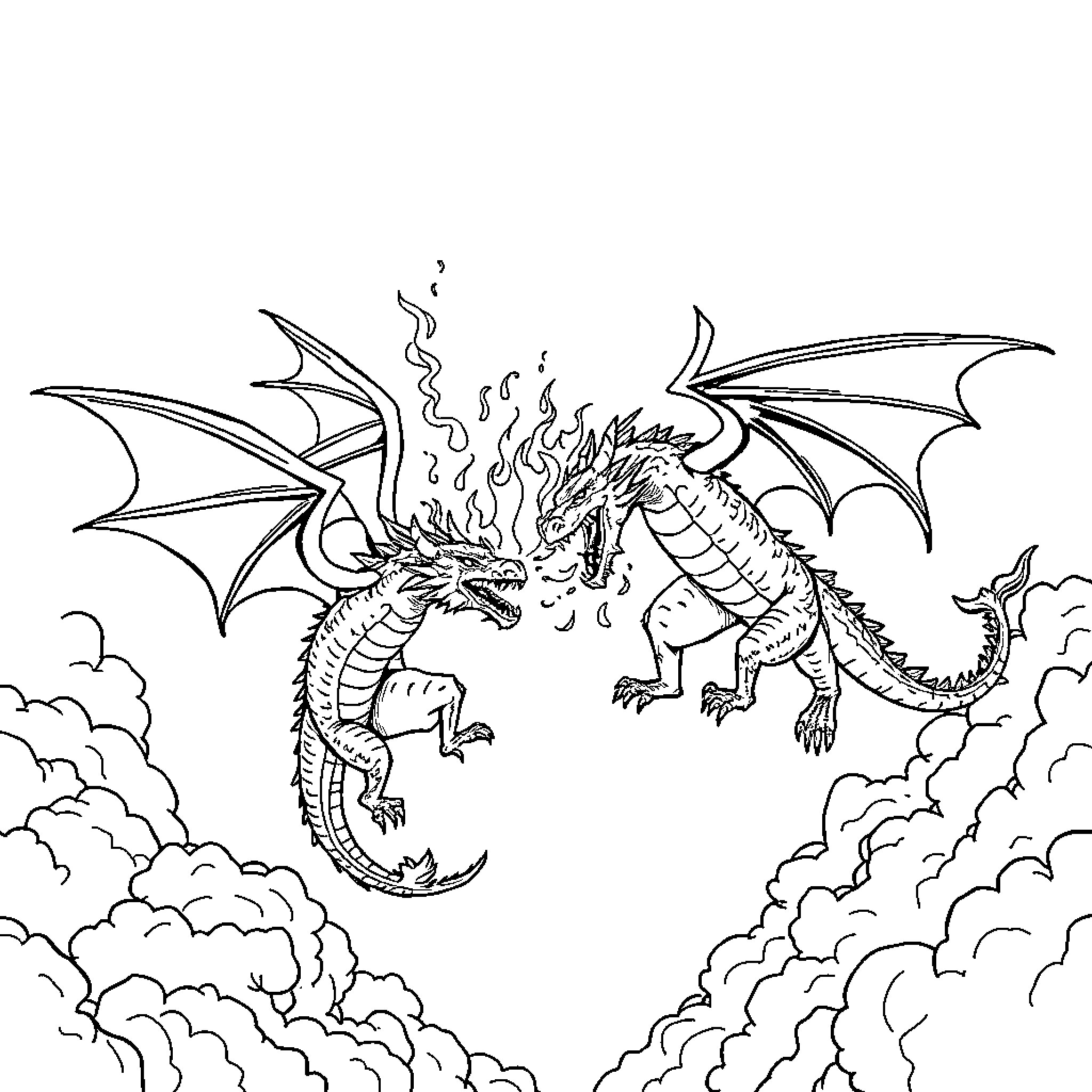 Dragon exhaling fire in the cloudy sky Coloring Page (free black-and-white line drawing printable PDF for all, from beginners to advanced learners, including children, teens, adults, and seniors)