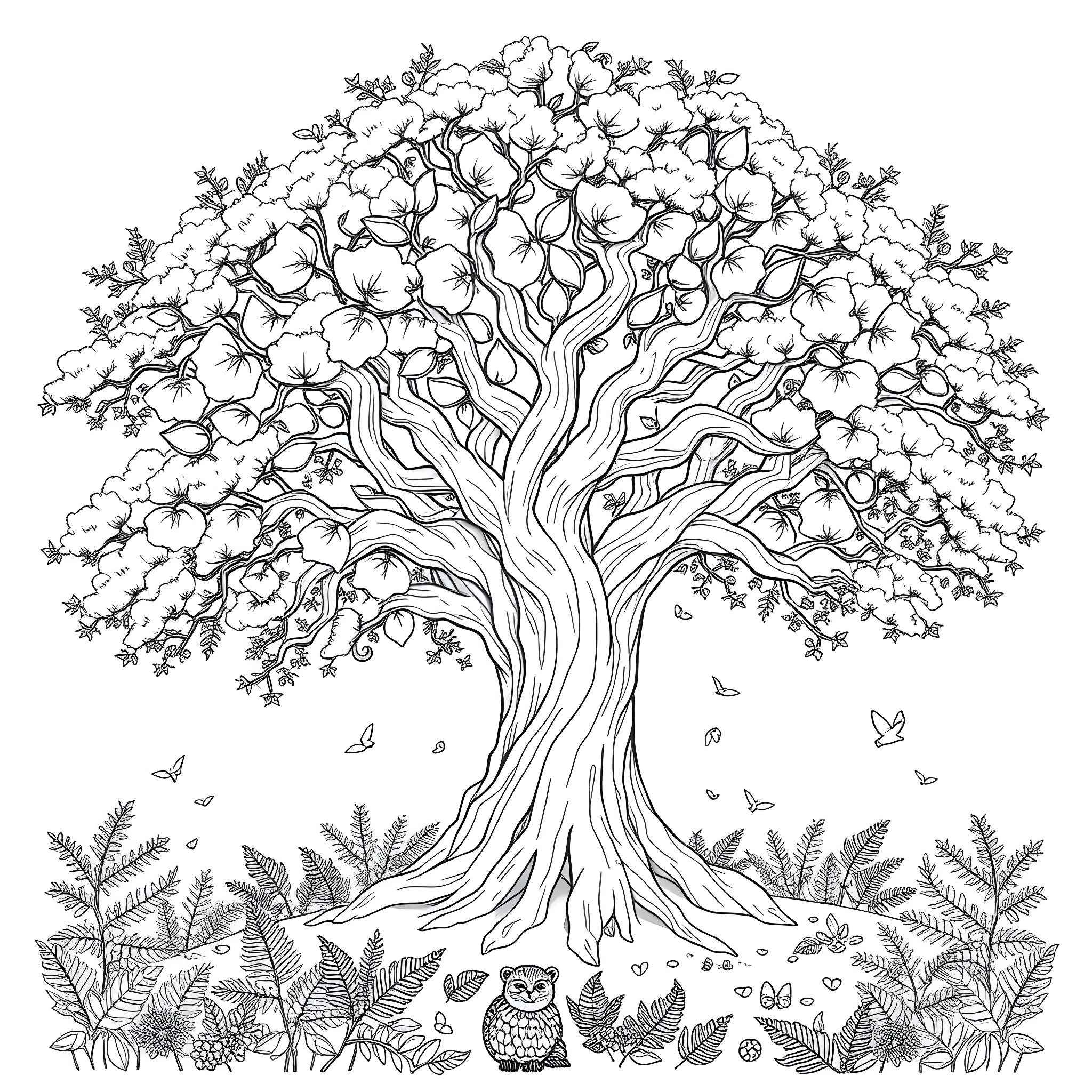Tree with Blooming Flowers and Butterflies Coloring Page (free black-and-white line drawing printable PDF for all, from beginners to advanced learners, including children, teens, adults, and seniors)