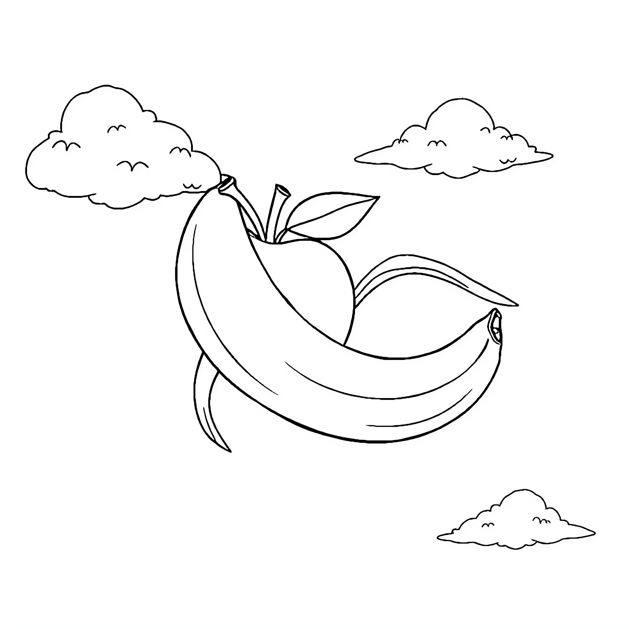 Apple flying through clouds in the sky Coloring Page (free black-and-white line drawing printable PDF for all, from beginners to advanced learners, including children, teens, adults, and seniors)