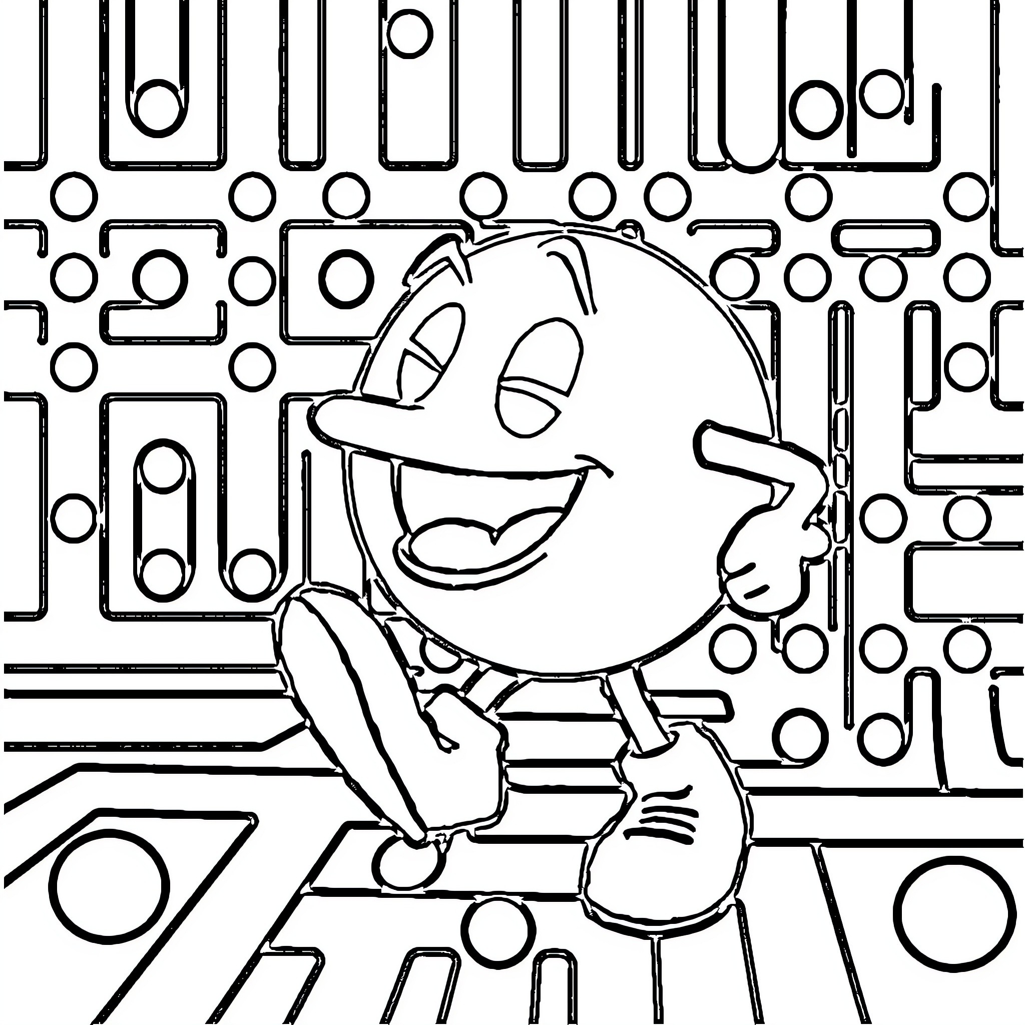 Pacman Exploring the Maze Coloring Page (free black-and-white line drawing printable PDF for all, from beginners to advanced learners, including children, teens, adults, and seniors)