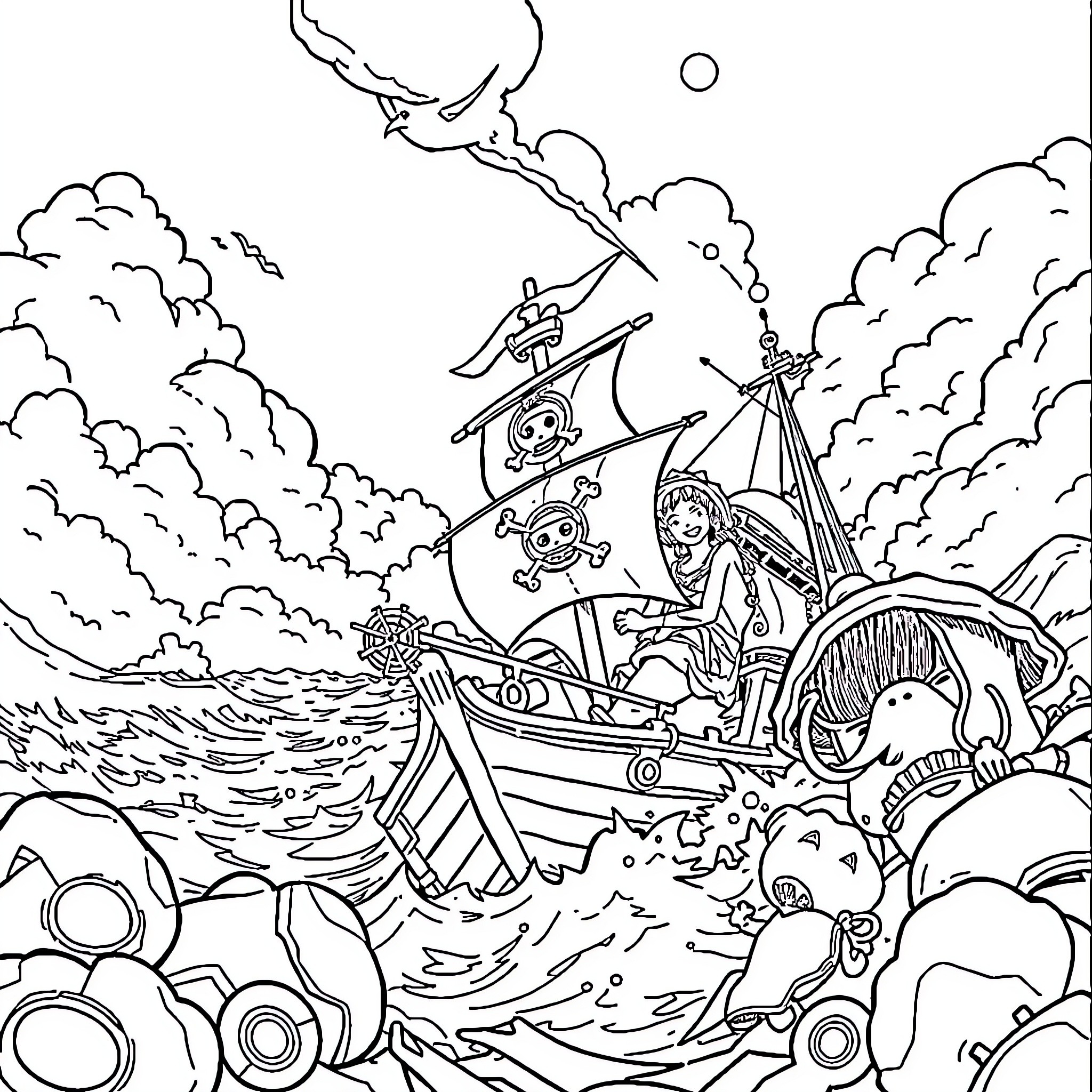 One Piece: Pirates in a Stormy Sea Adventure Coloring Page (free black-and-white line drawing printable PDF for all, from beginners to advanced learners, including children, teens, adults, and seniors)