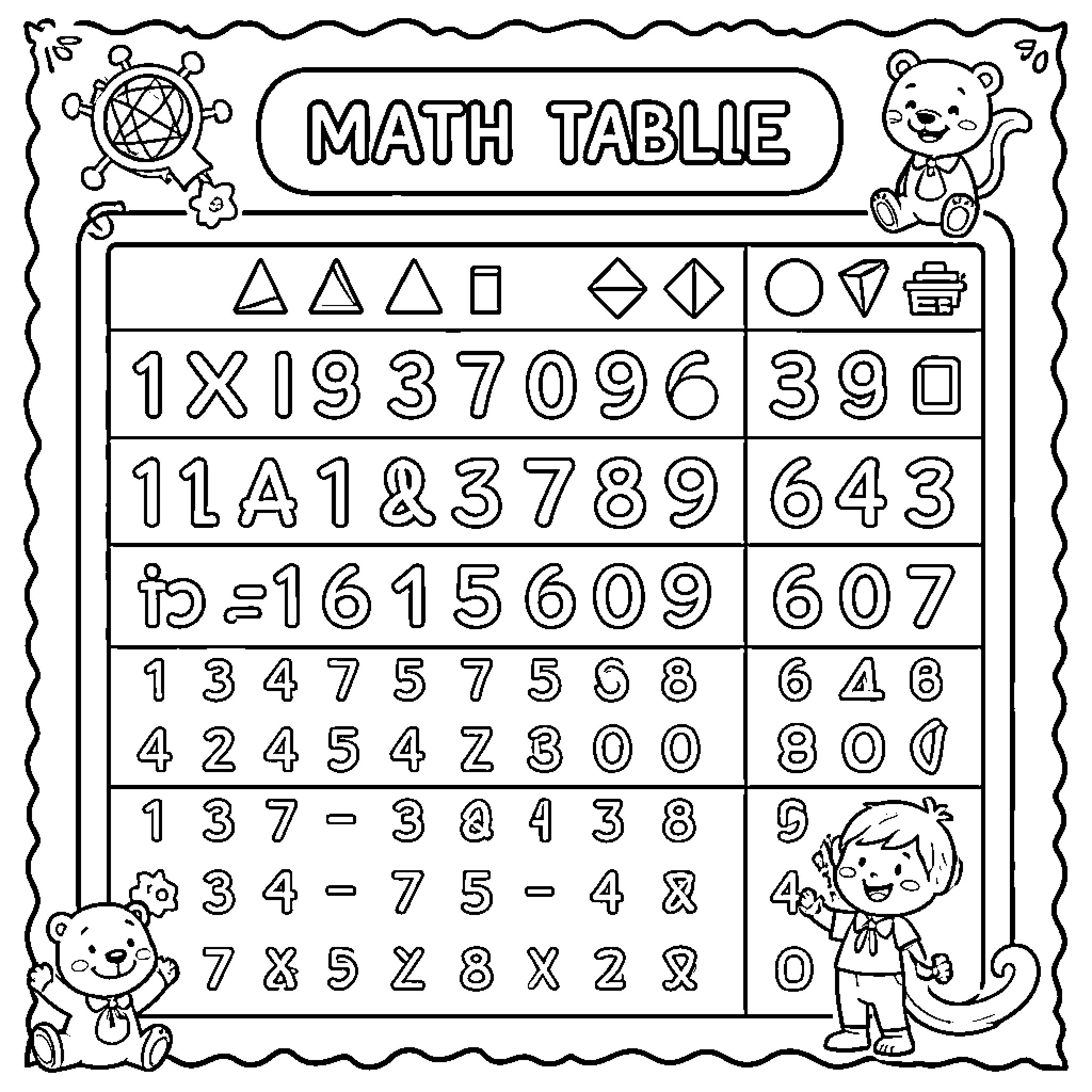 Math Table featuring various numbers, shapes, and cute animals Coloring Page (free black-and-white line drawing printable PDF for all, from beginners to advanced learners, including children, teens, adults, and seniors)