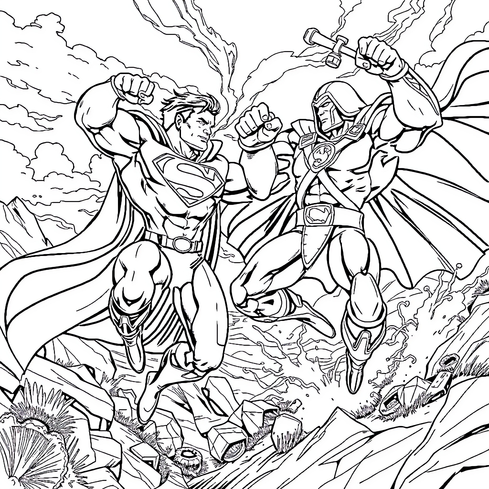 Superman and friends heroically battling evil forces Coloring Page (free black-and-white line drawing printable PDF for all, from beginners to advanced learners, including children, teens, adults, and seniors)