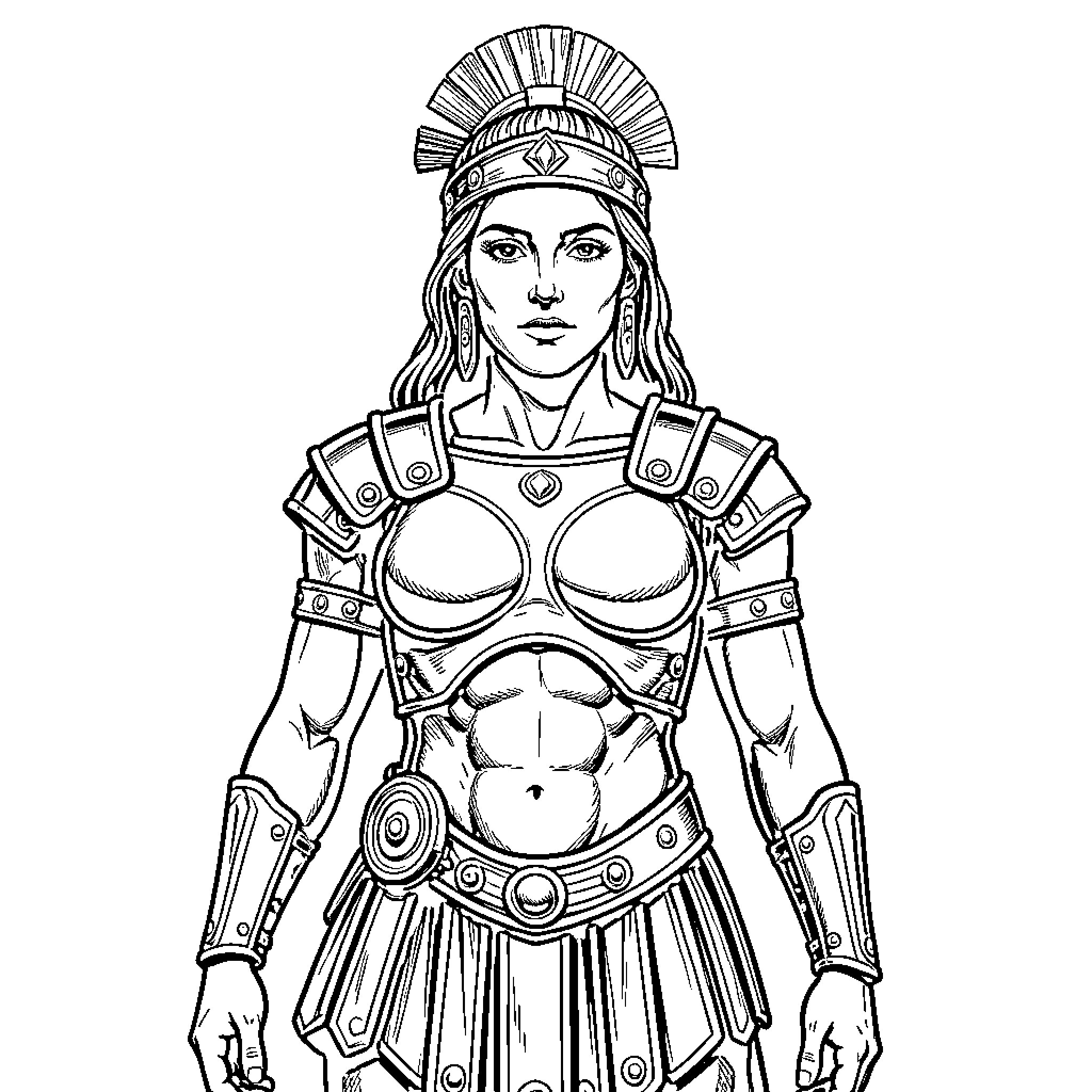 Warrior Woman in Armored Attire with Fierce Expression Coloring Page (free black-and-white line drawing printable PDF for all, from beginners to advanced learners, including children, teens, adults, and seniors)