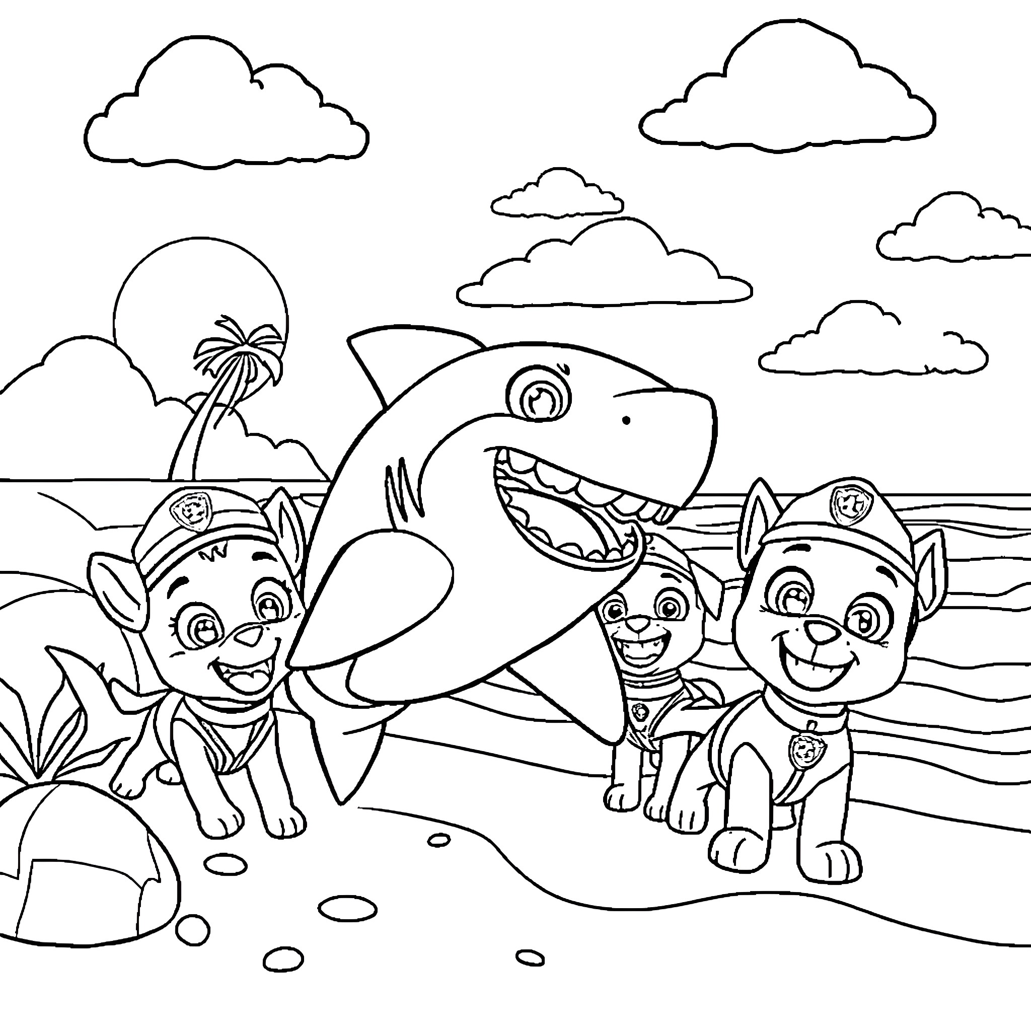 Paw Patrol Puppy Playmates Discover Friendly Shark Coloring Page (free black-and-white line drawing printable PDF for all, from beginners to advanced learners, including children, teens, adults, and seniors)