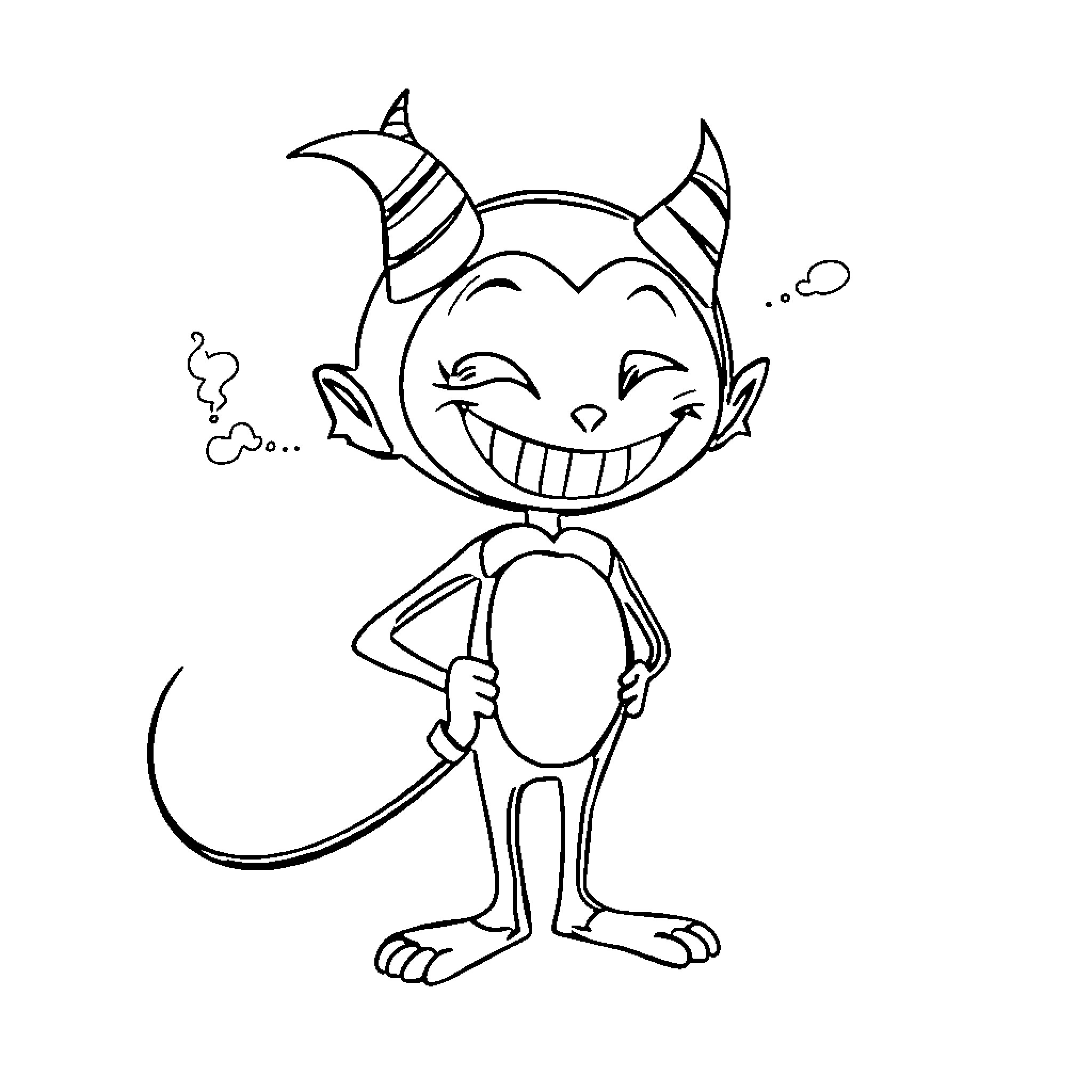 Bendy Devil Character with Mischievous Expression Coloring Page (free black-and-white line drawing printable PDF for all, from beginners to advanced learners, including children, teens, adults, and seniors)