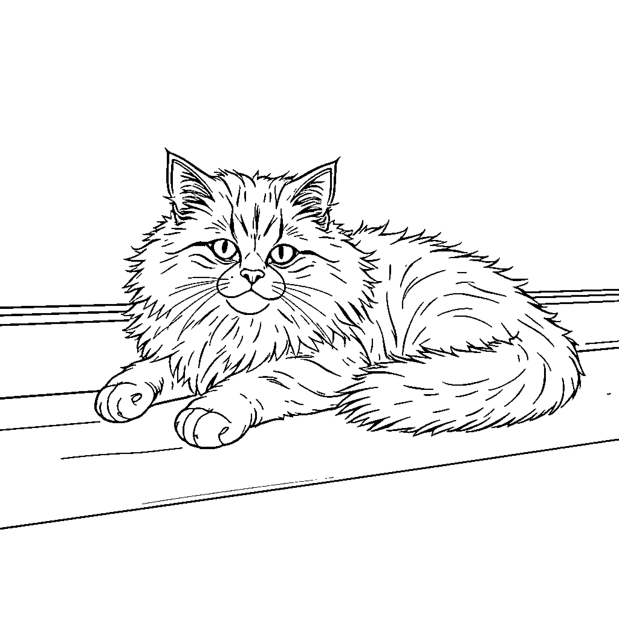 Cat resting comfortably on wooden surface Coloring Page (free black-and-white line drawing printable PDF for all, from beginners to advanced learners, including children, teens, adults, and seniors)